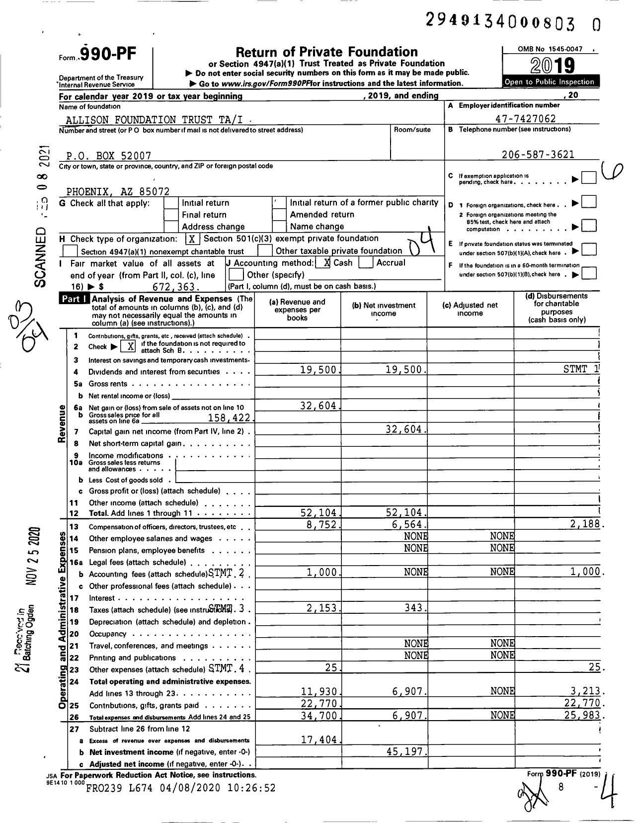 Image of first page of 2019 Form 990PF for Allison Foundation Trust Tai