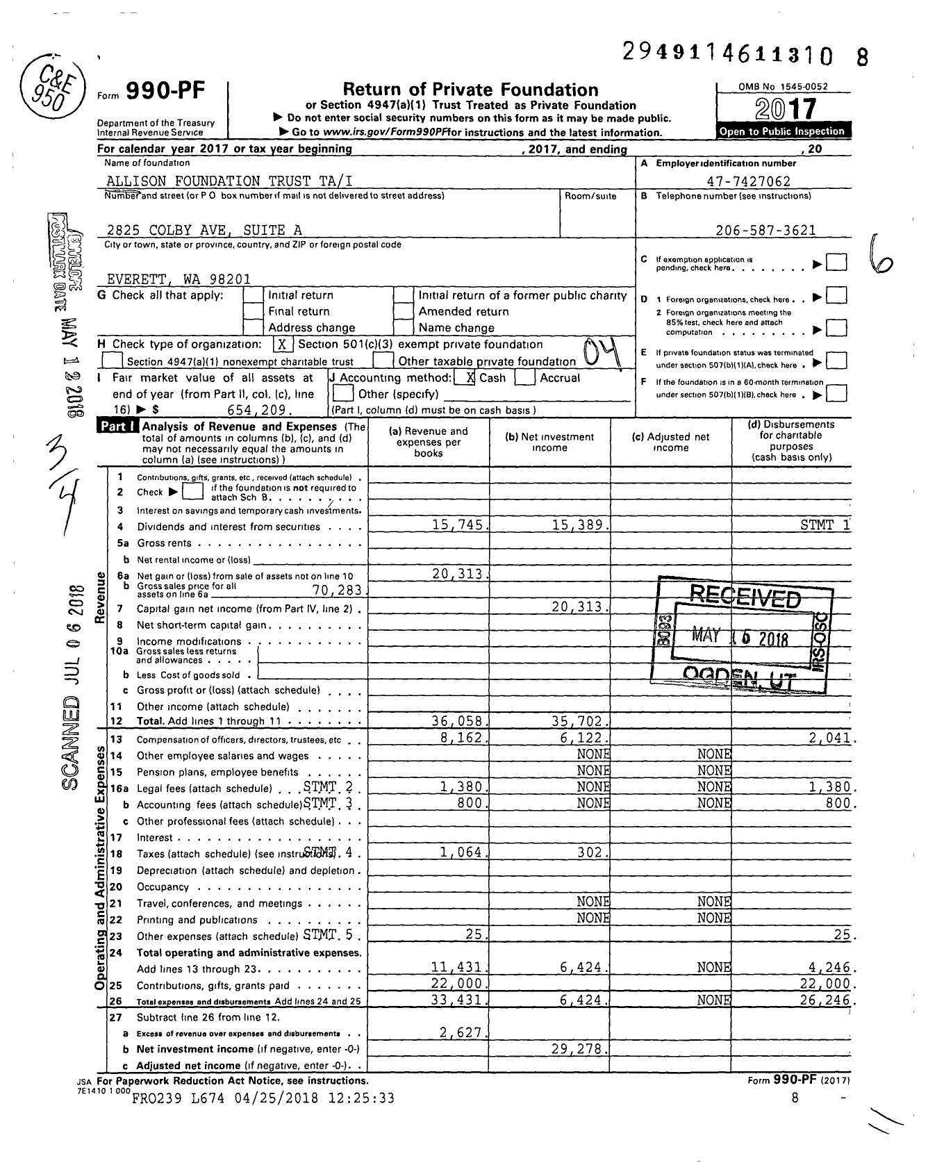 Image of first page of 2017 Form 990PF for Allison Foundation Trust Tai