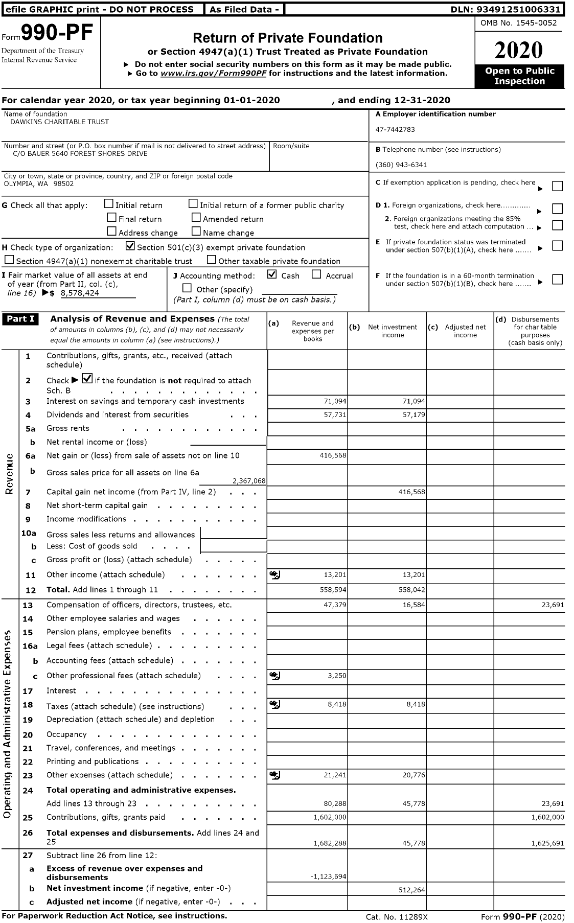 Image of first page of 2020 Form 990PF for Dawkins Charitable Trust