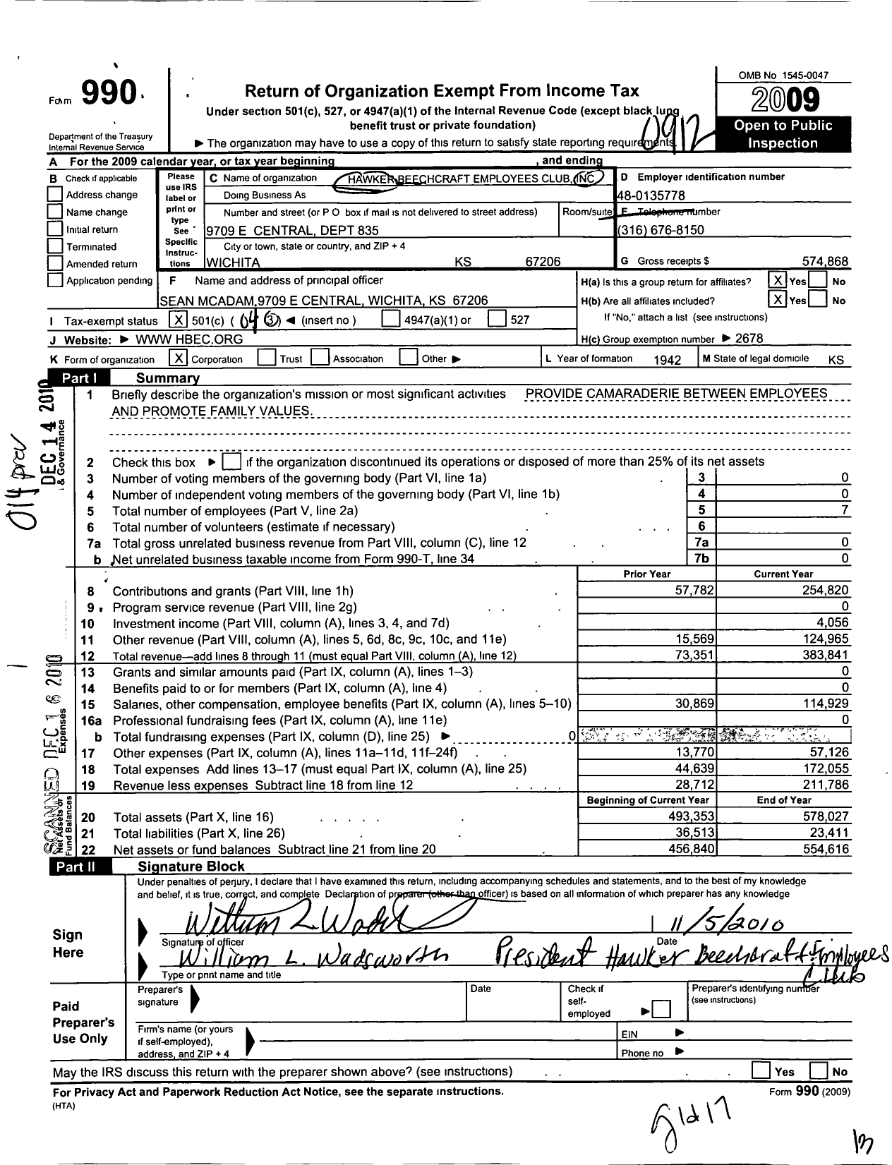 Image of first page of 2009 Form 990O for Beechcraft Employees Club