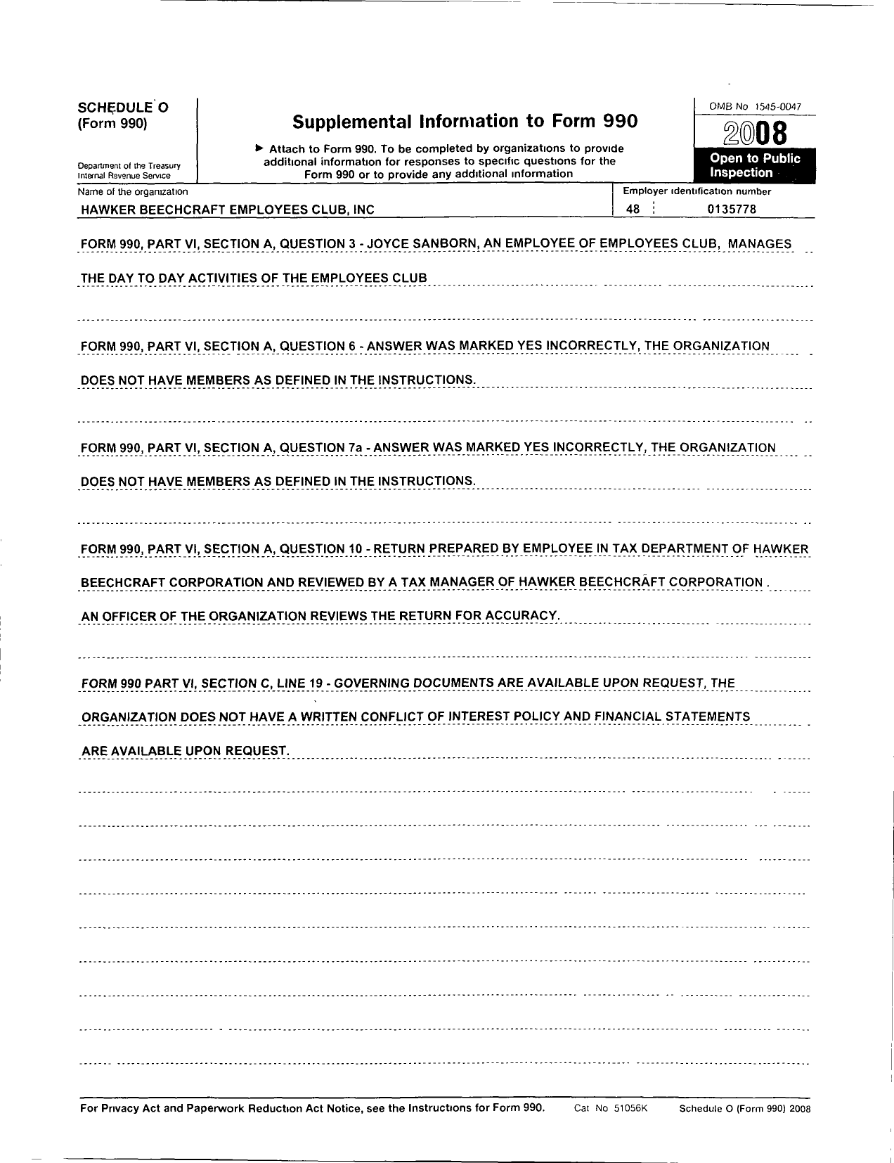 Image of first page of 2008 Form 990OR for Beechcraft Employees Club