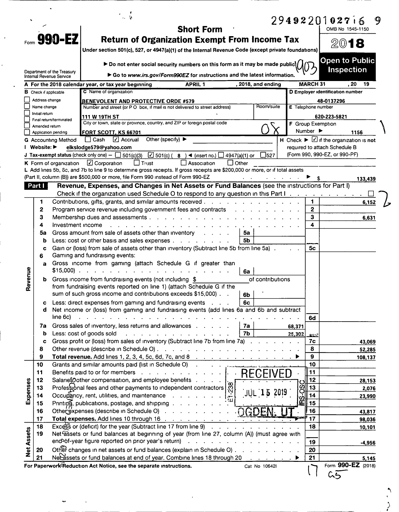 Image of first page of 2018 Form 990EO for Benevolent and Protective Order of Elks - 579 Fort Scott