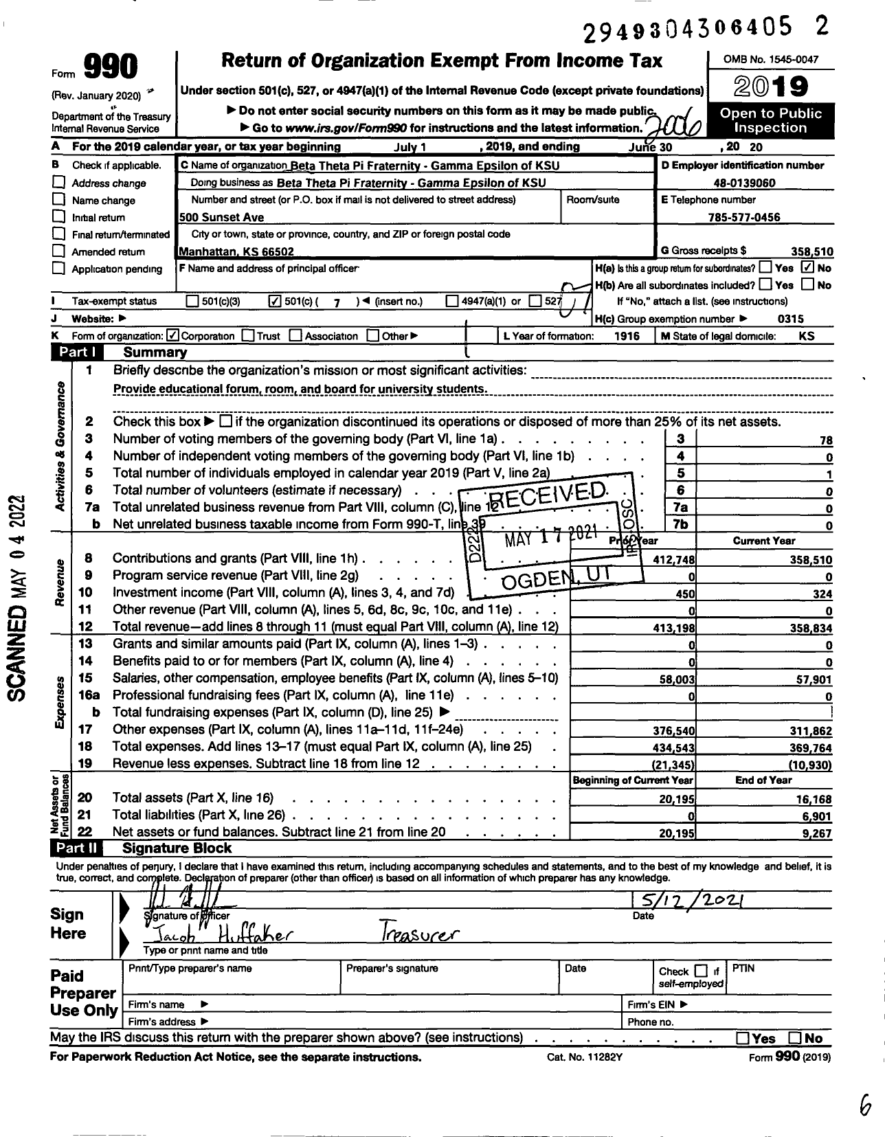 Image of first page of 2019 Form 990O for Beta Theta Pi Fraternity - 201 Gamma Epsilon Chapter