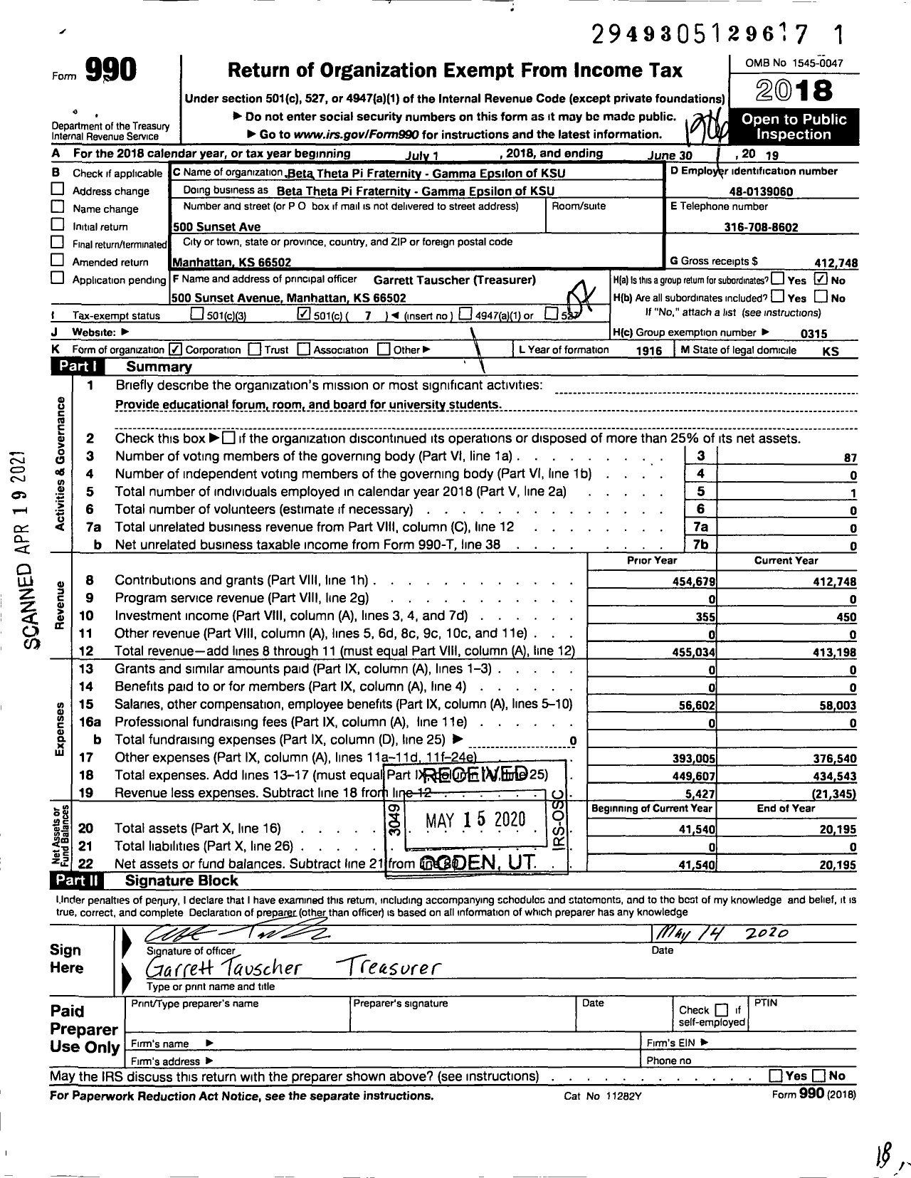 Image of first page of 2018 Form 990O for Beta Theta Pi Fraternity - 201 Gamma Epsilon Chapter