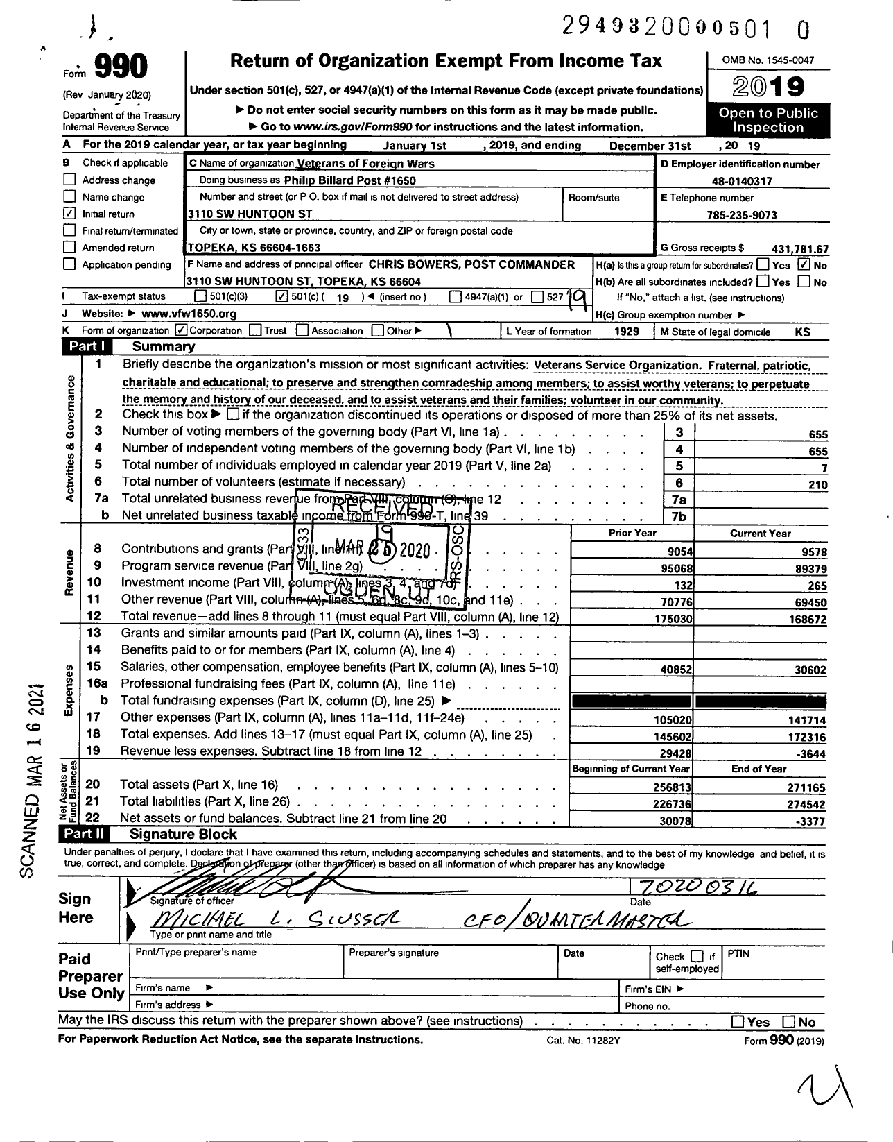 Image of first page of 2019 Form 990O for Veterans of Foreign Wars - Philip Billard Post 1650