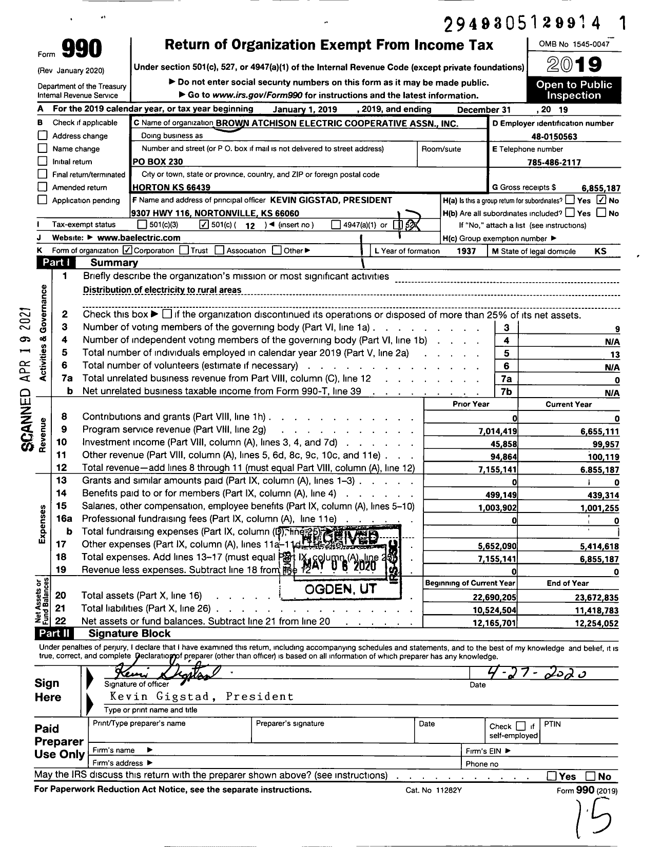 Image of first page of 2019 Form 990O for Brown-Atchison Electric Cooperative Association