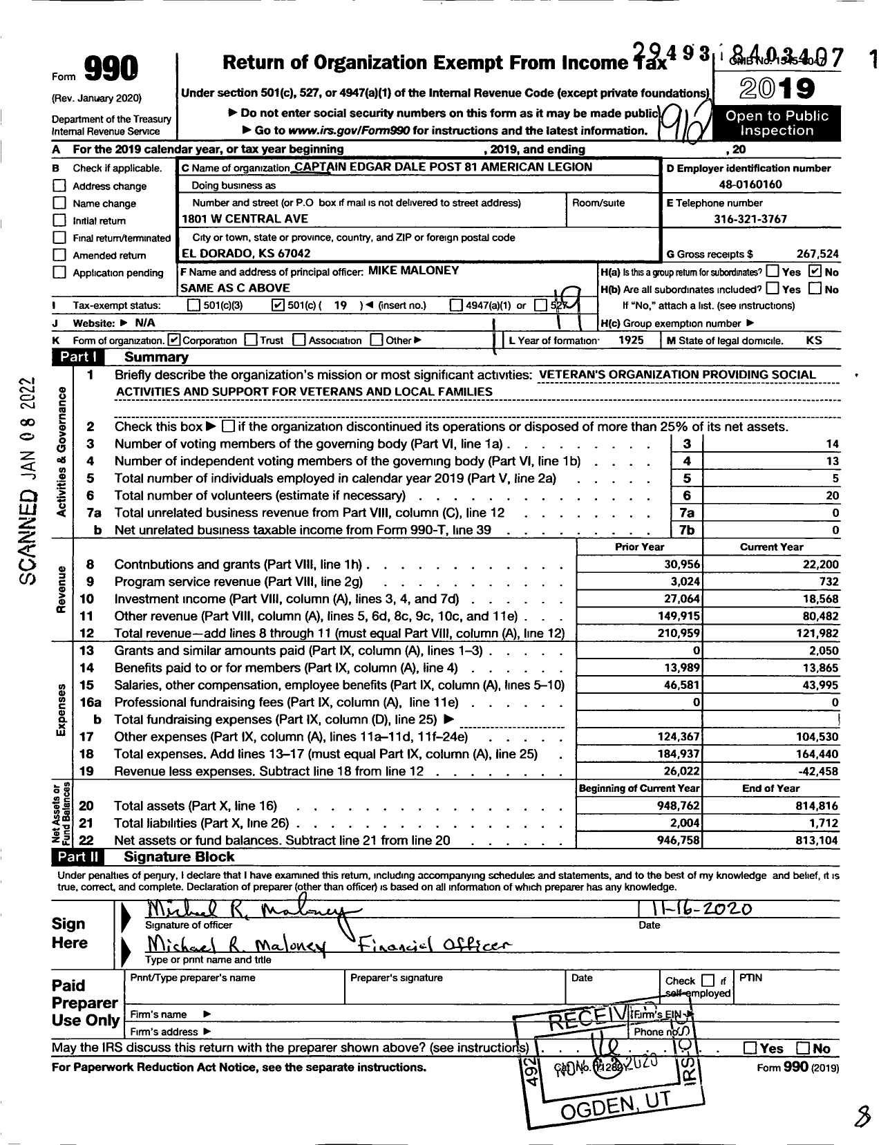 Image of first page of 2019 Form 990O for American Legion - Post 81 Captain Edgar Dale