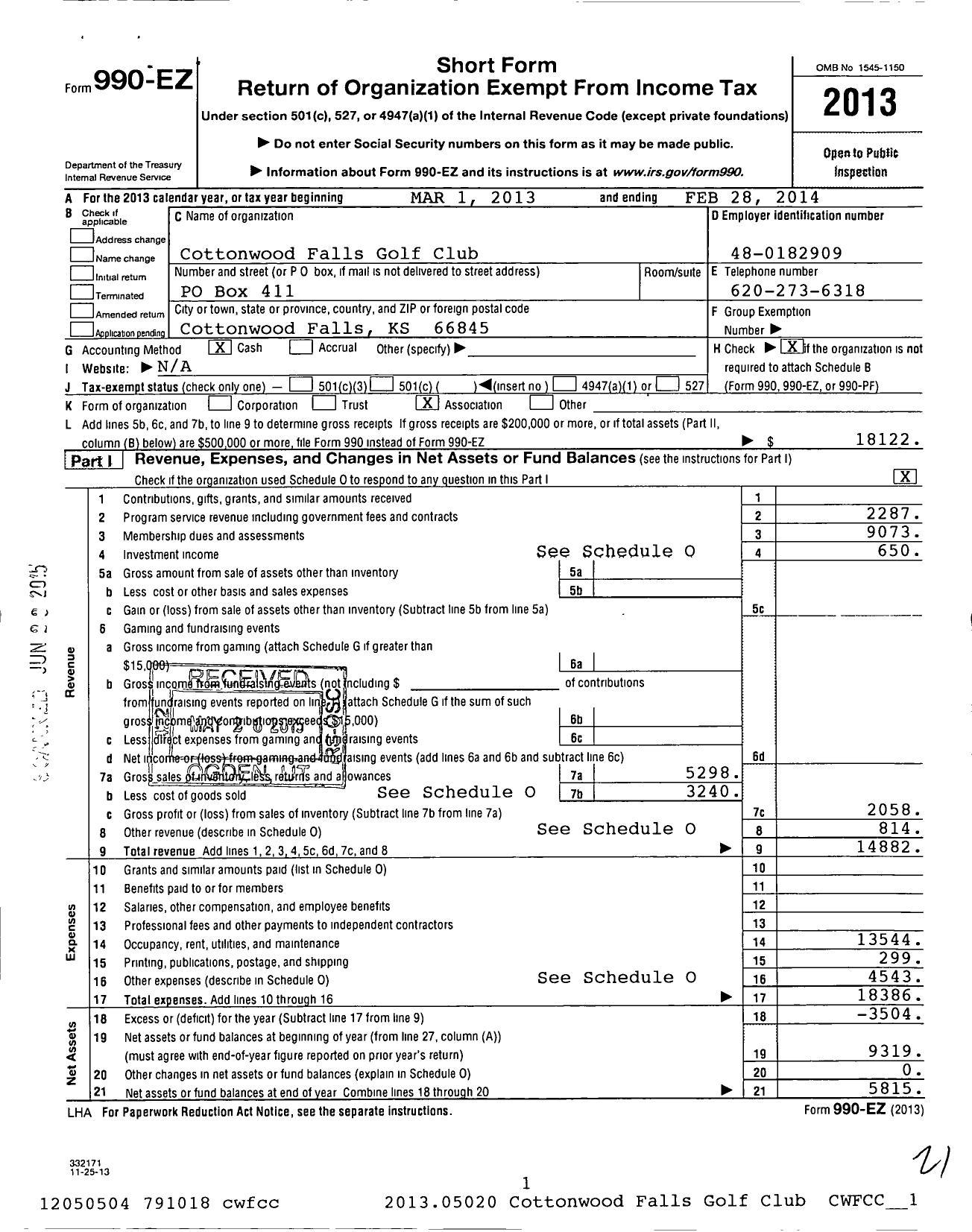 Image of first page of 2013 Form 990EO for Cottonwood Falls Golf Club