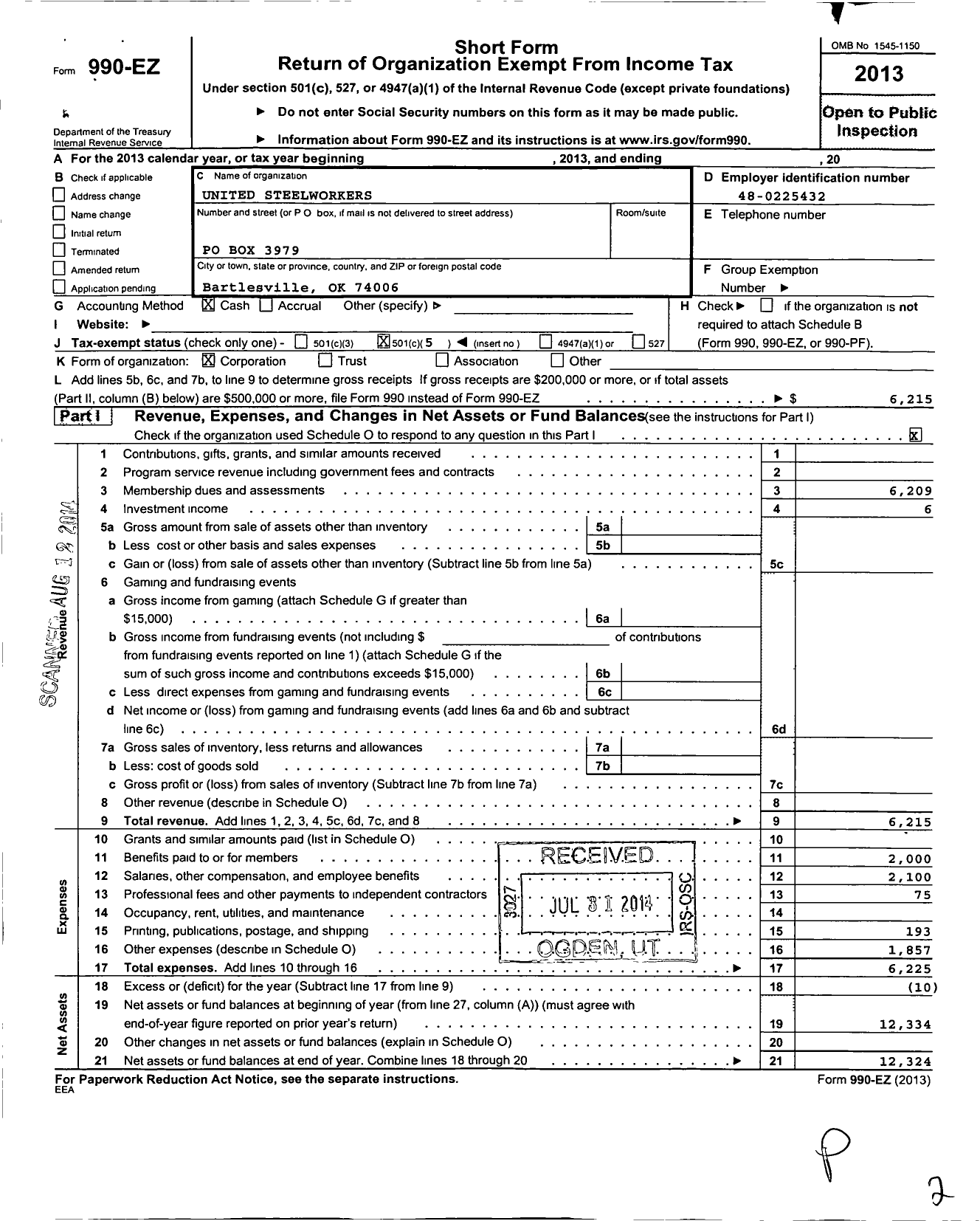 Image of first page of 2013 Form 990EO for United Steelworkers - 00432 Local