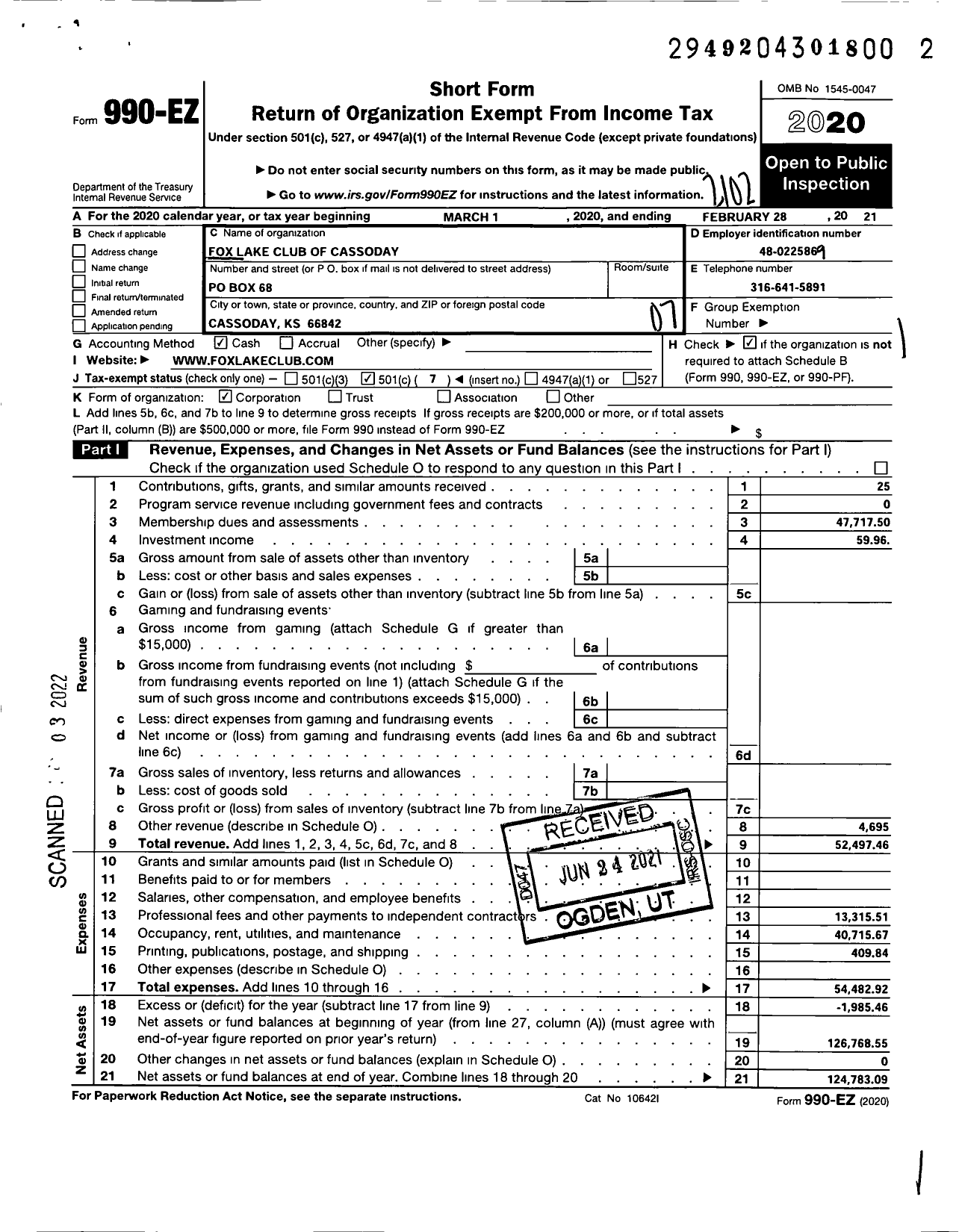 Image of first page of 2020 Form 990EO for Fox Lake Club of Cassody