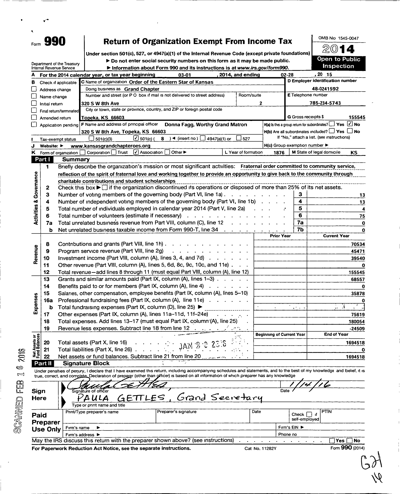 Image of first page of 2014 Form 990O for Order of Eastern Star