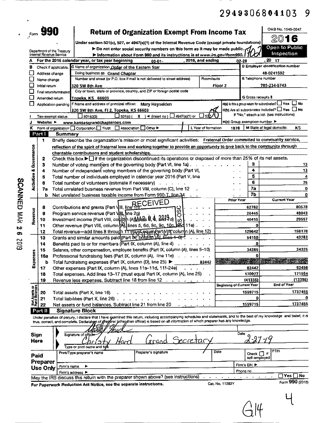 Image of first page of 2016 Form 990O for Order of Eastern Star