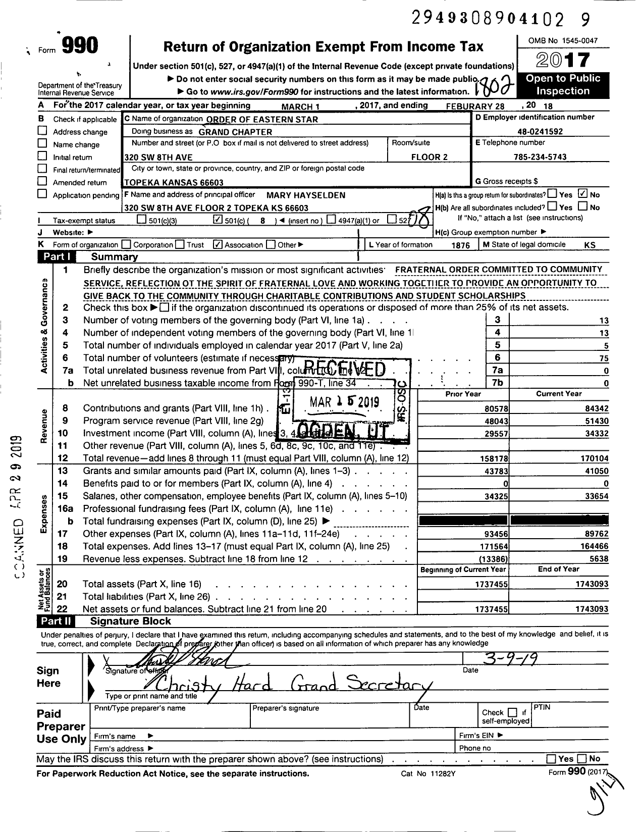 Image of first page of 2017 Form 990O for Order of Eastern Star