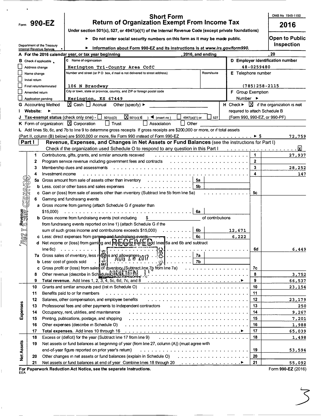 Image of first page of 2016 Form 990EO for Herington Tri County Area Chamber of Commerce