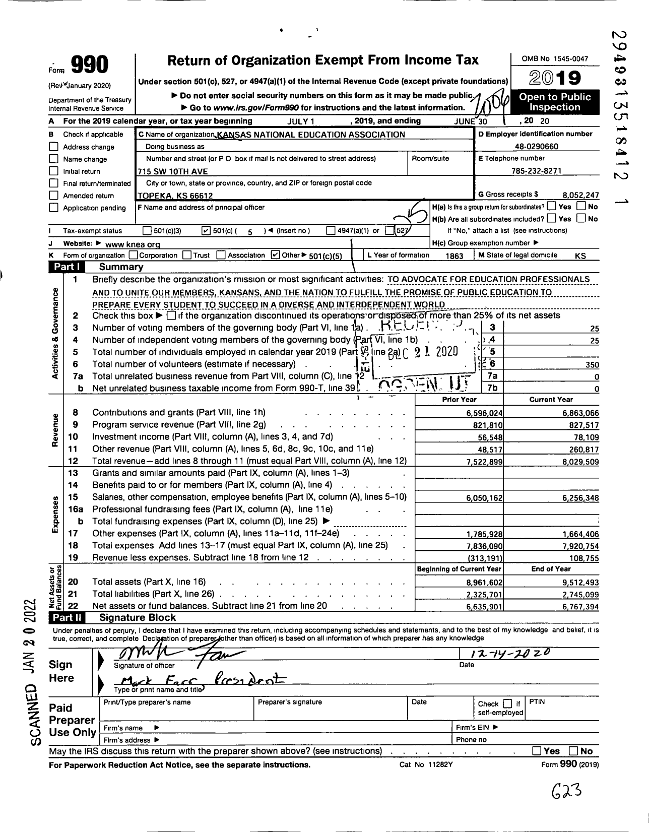 Image of first page of 2019 Form 990O for Kansas National Education Association