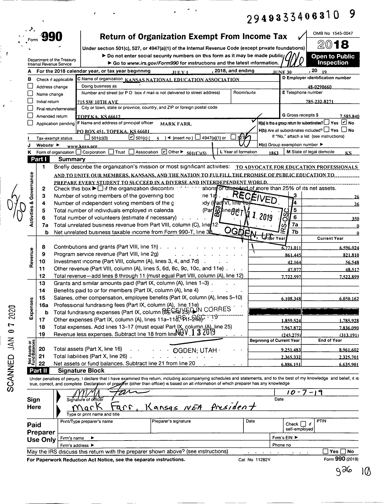 Image of first page of 2018 Form 990O for Kansas National Education Association