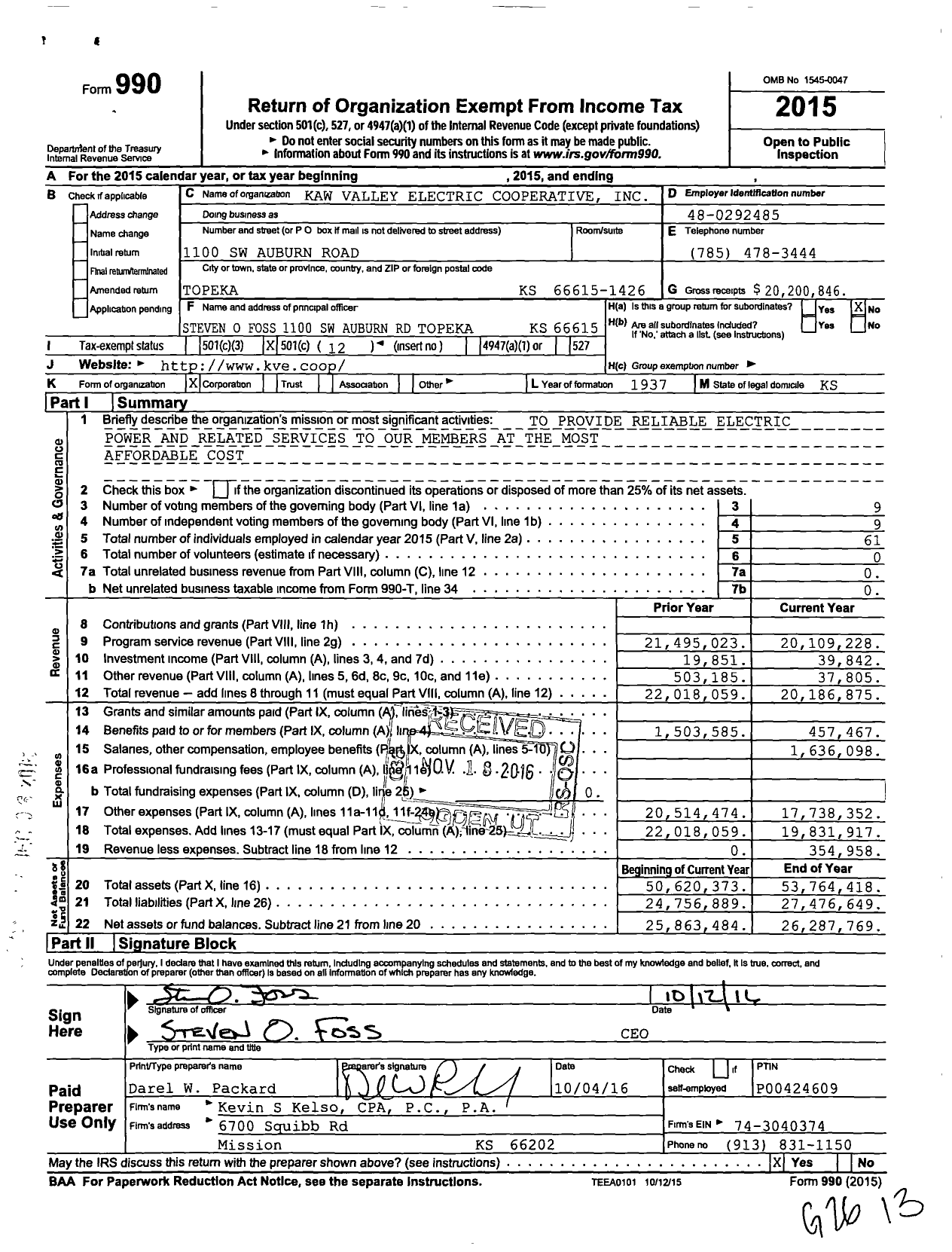 Image of first page of 2015 Form 990O for Kaw Valley Electric Cooperative
