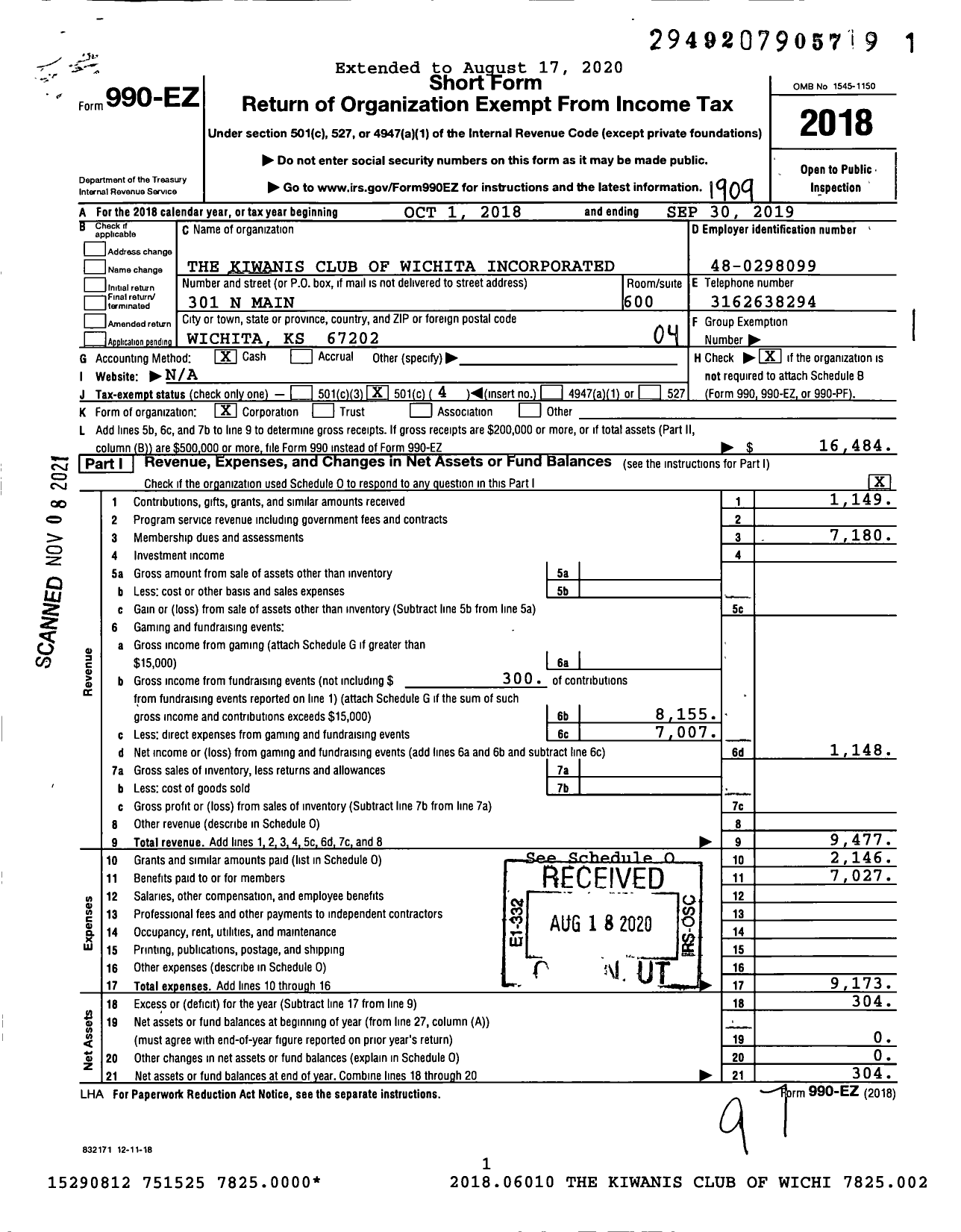 Image of first page of 2018 Form 990EO for Kiwanis International - K00382 Wichita