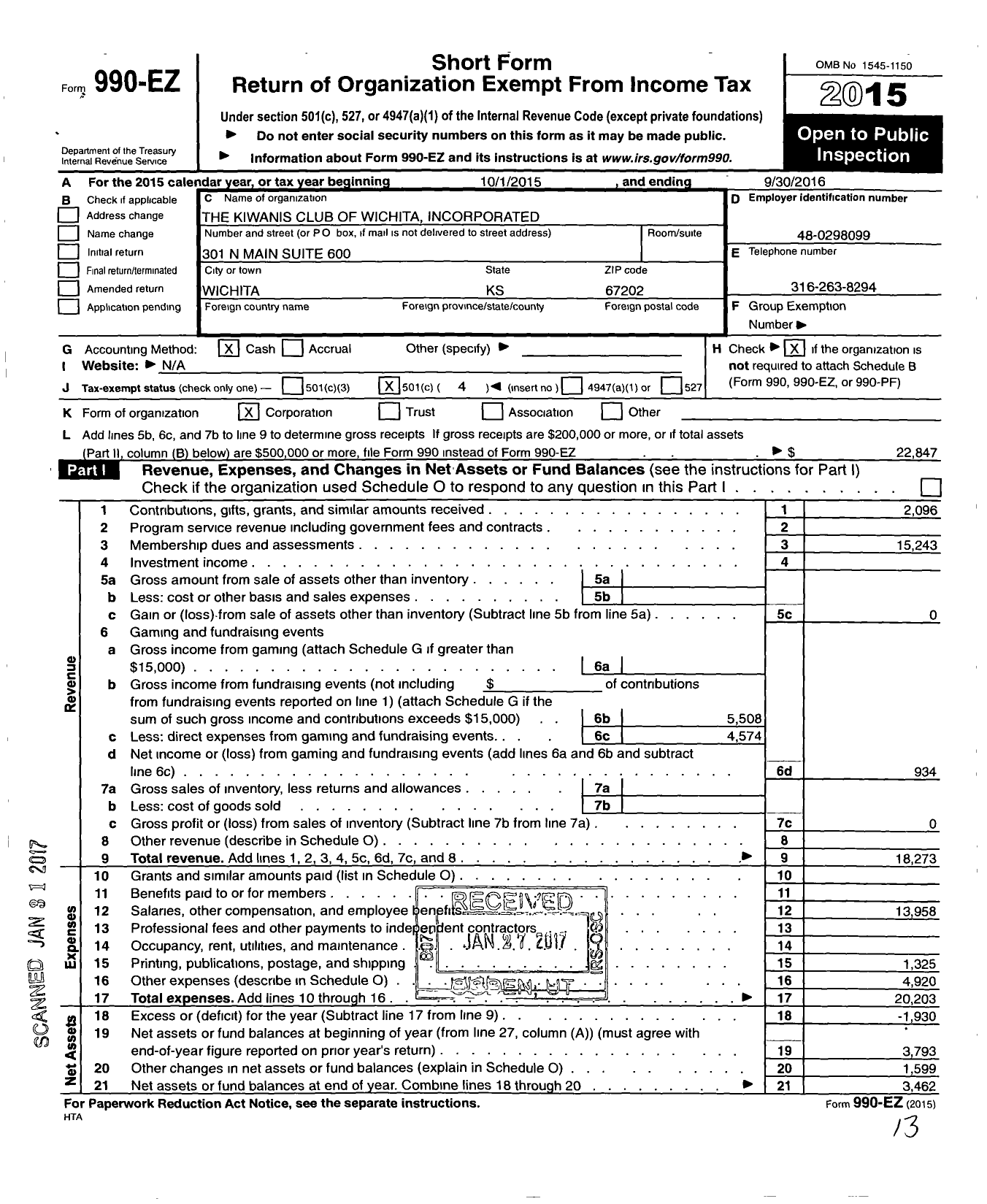 Image of first page of 2015 Form 990EO for Kiwanis International - K00382 Wichita