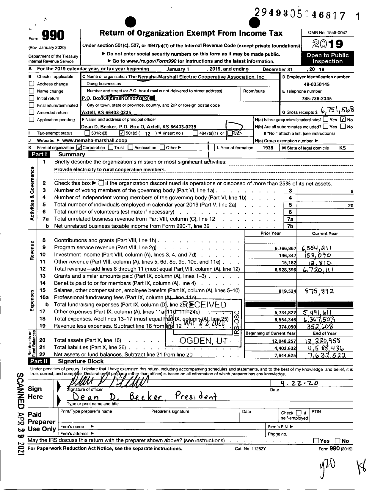 Image of first page of 2019 Form 990O for The Nemaha-Marshall Electric Cooperative Assn