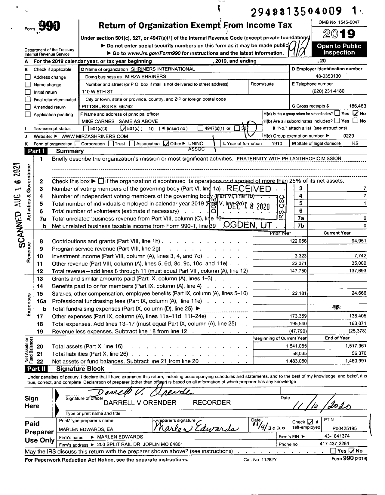 Image of first page of 2019 Form 990O for Shriners International - Mirza Shrines