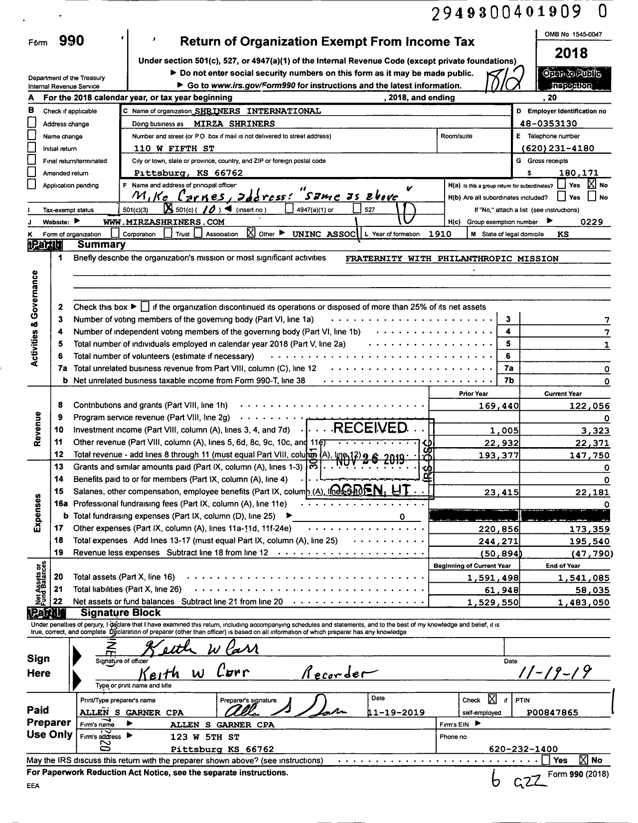 Image of first page of 2018 Form 990O for Shriners International - Mirza Shrines