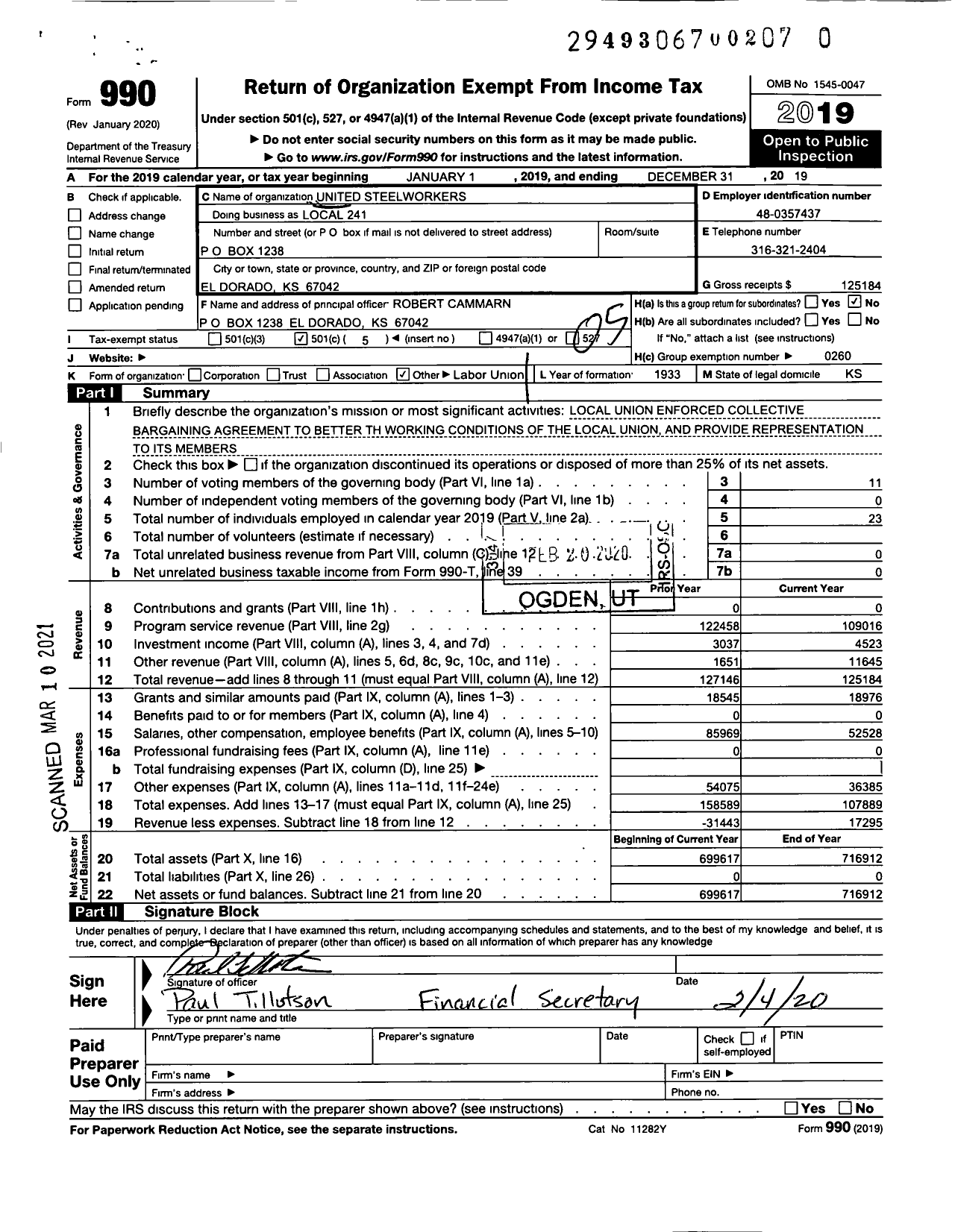 Image of first page of 2019 Form 990O for United Steelworkers Local 241