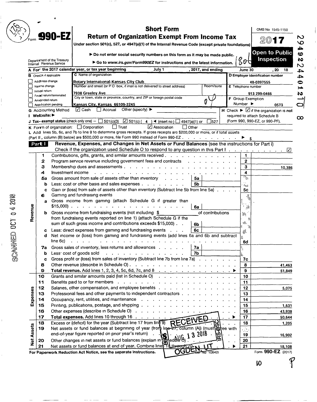 Image of first page of 2017 Form 990EO for Rotary International - Kansas City Rotary Club