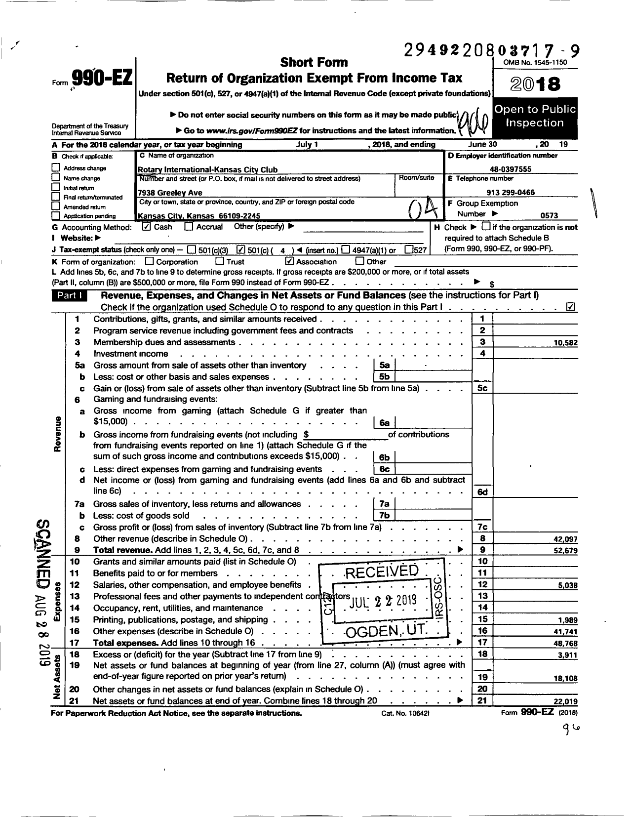 Image of first page of 2018 Form 990EO for Rotary International - Kansas City Rotary Club