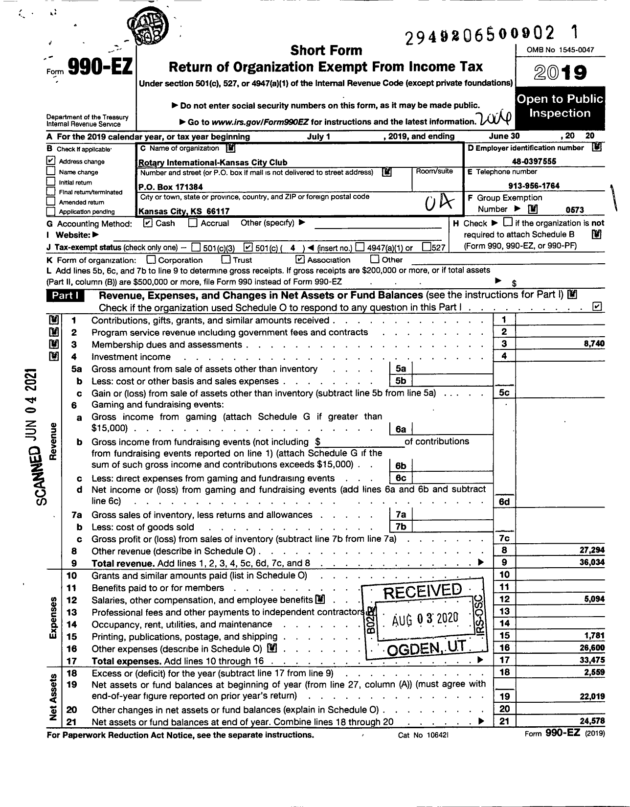 Image of first page of 2019 Form 990EO for Rotary International - Kansas City Rotary Club