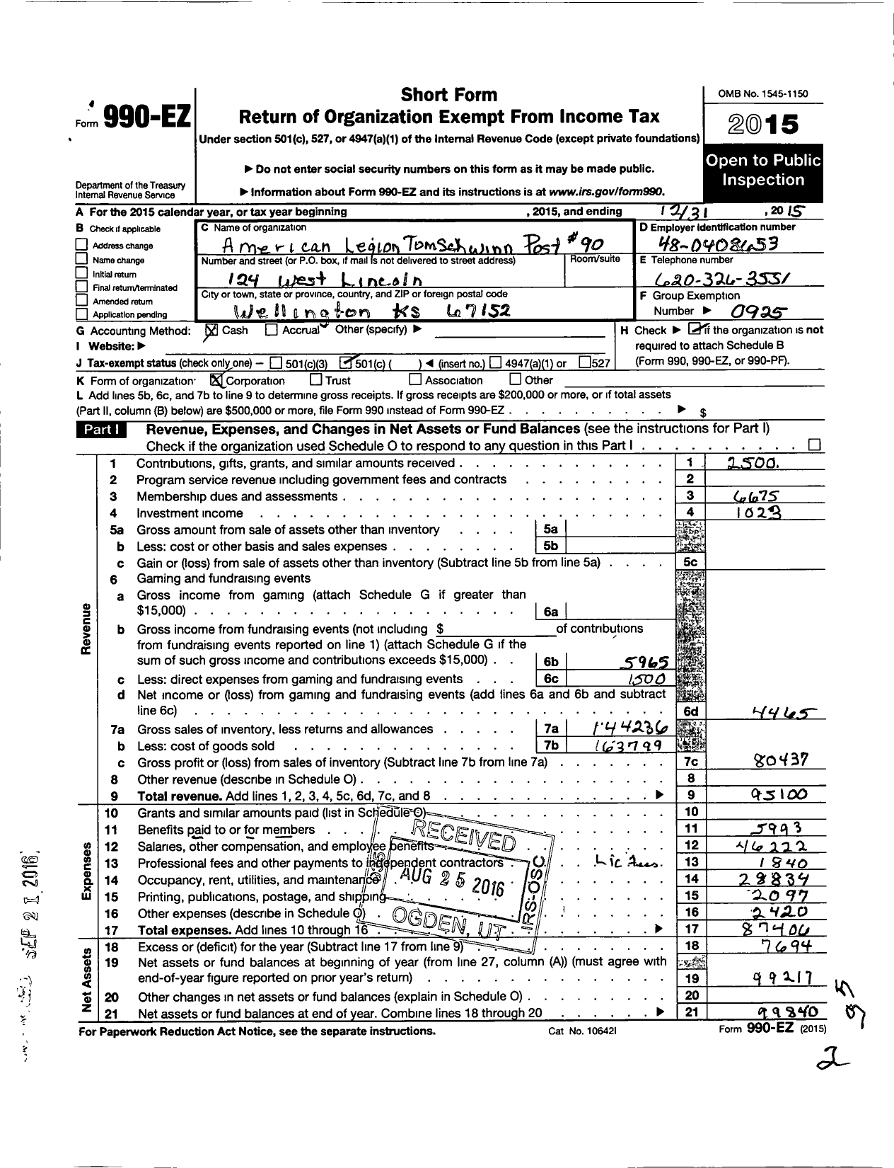 Image of first page of 2015 Form 990EO for American Legion - 90 Tom Schwinn Post