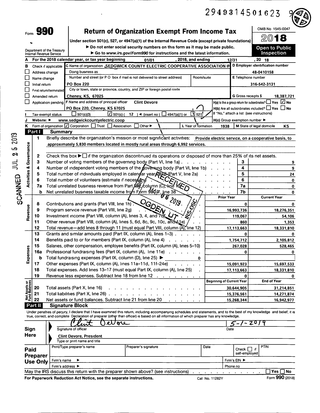Image of first page of 2018 Form 990O for Sedgwick County Electric Cooperative Association