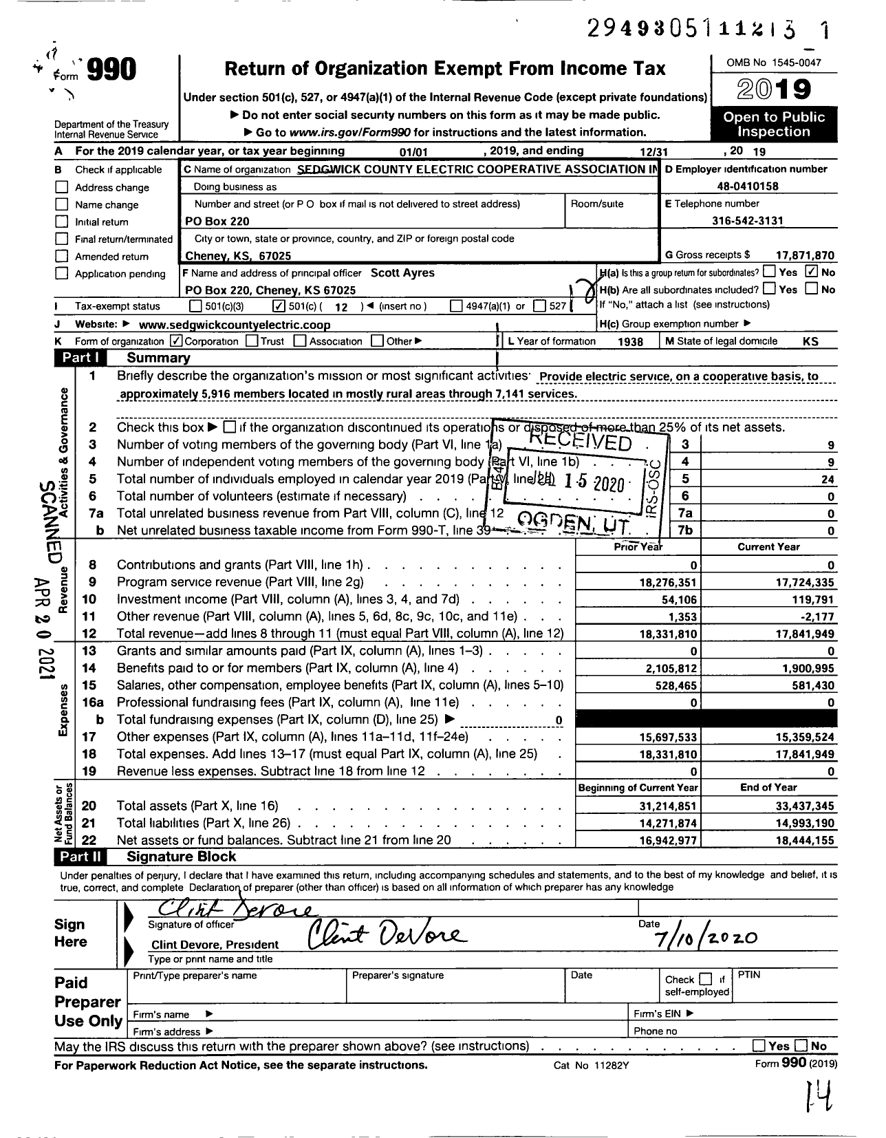 Image of first page of 2019 Form 990O for Sedgwick County Electric Cooperative Association