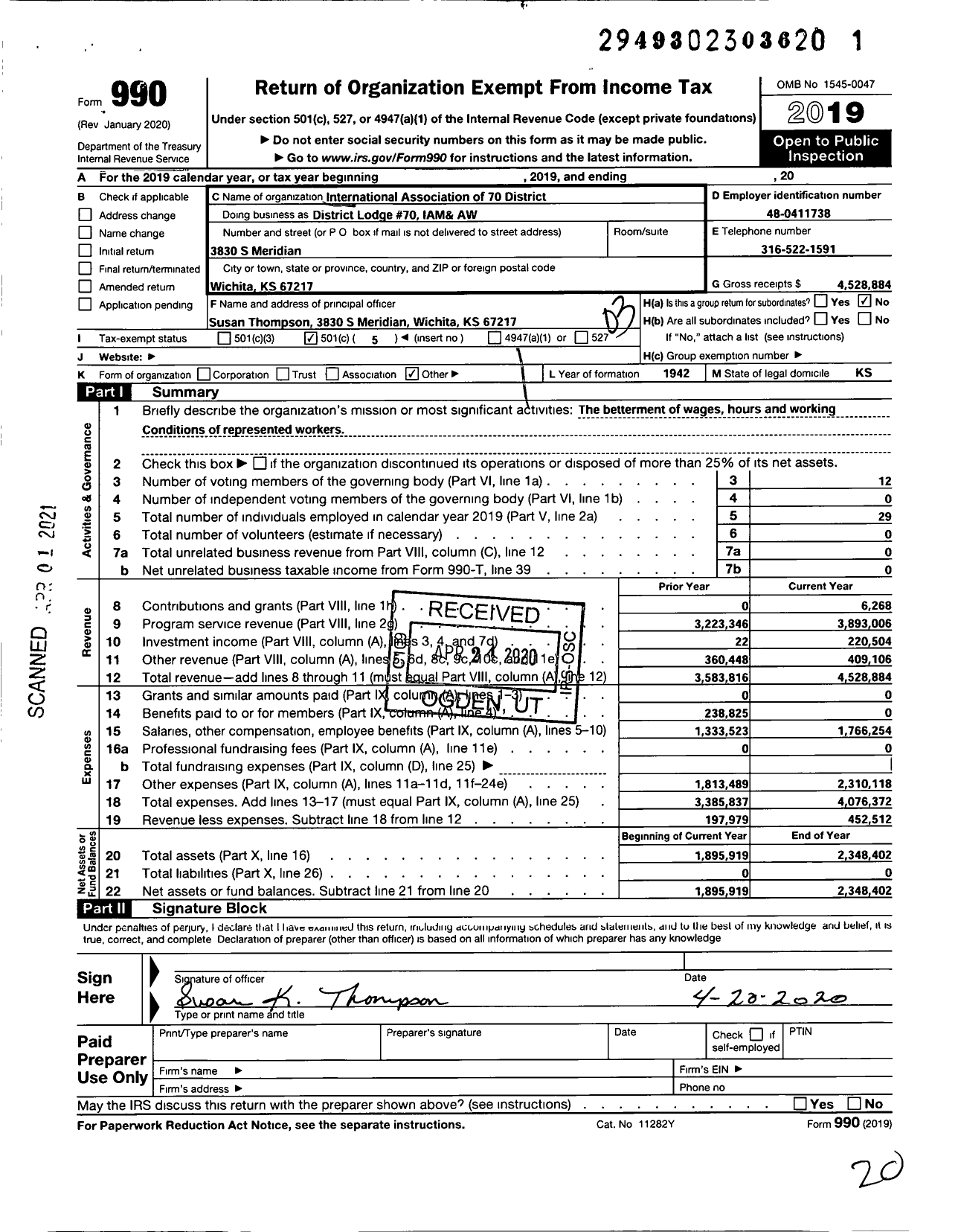 Image of first page of 2019 Form 990 for International Association of Machinists and Aerospace Workers - District Lodge #70 IAM& AW