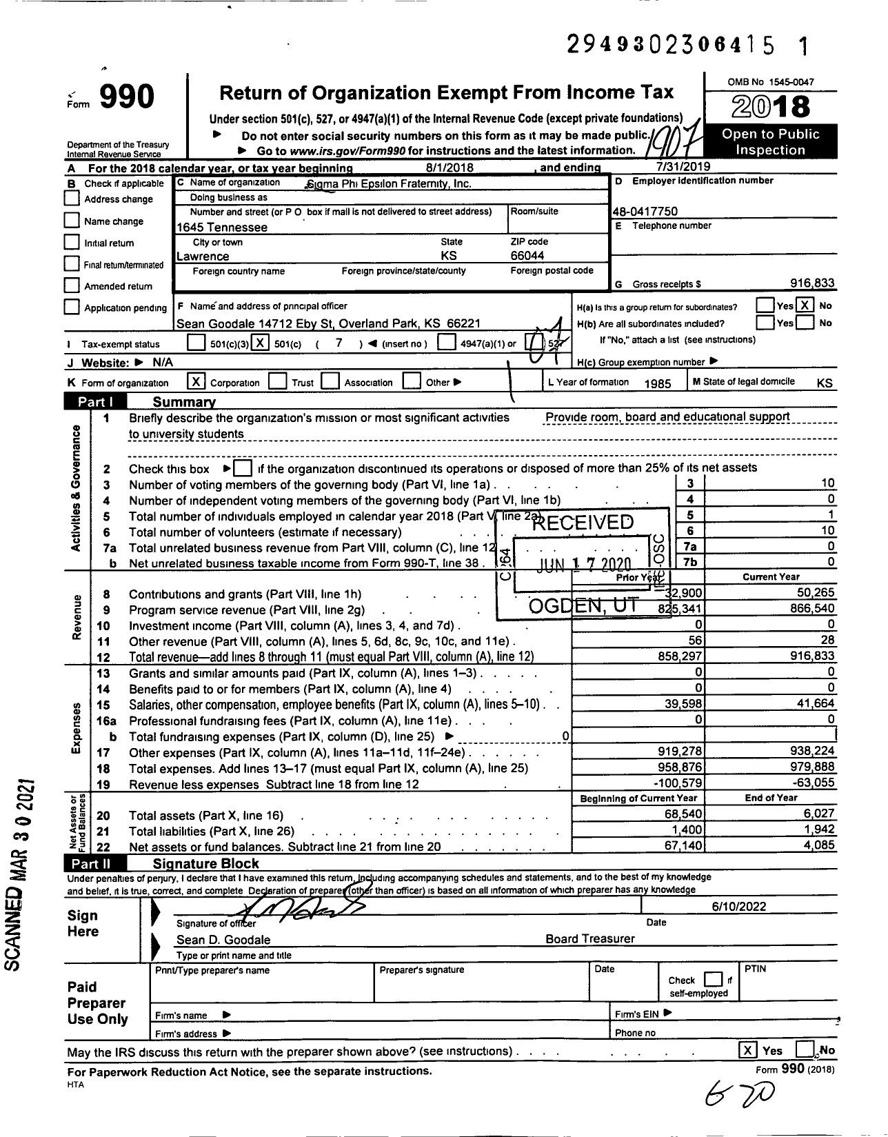 Image of first page of 2018 Form 990O for Sigma Phi Epsilon - Kansas Gamma Chapter