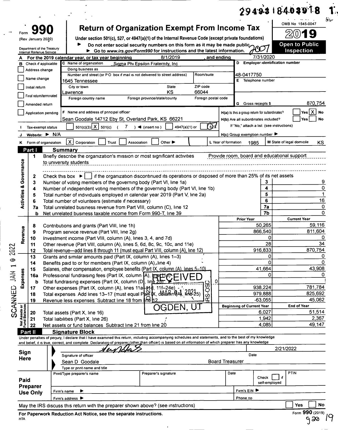 Image of first page of 2019 Form 990O for Sigma Phi Epsilon - Kansas Gamma Chapter