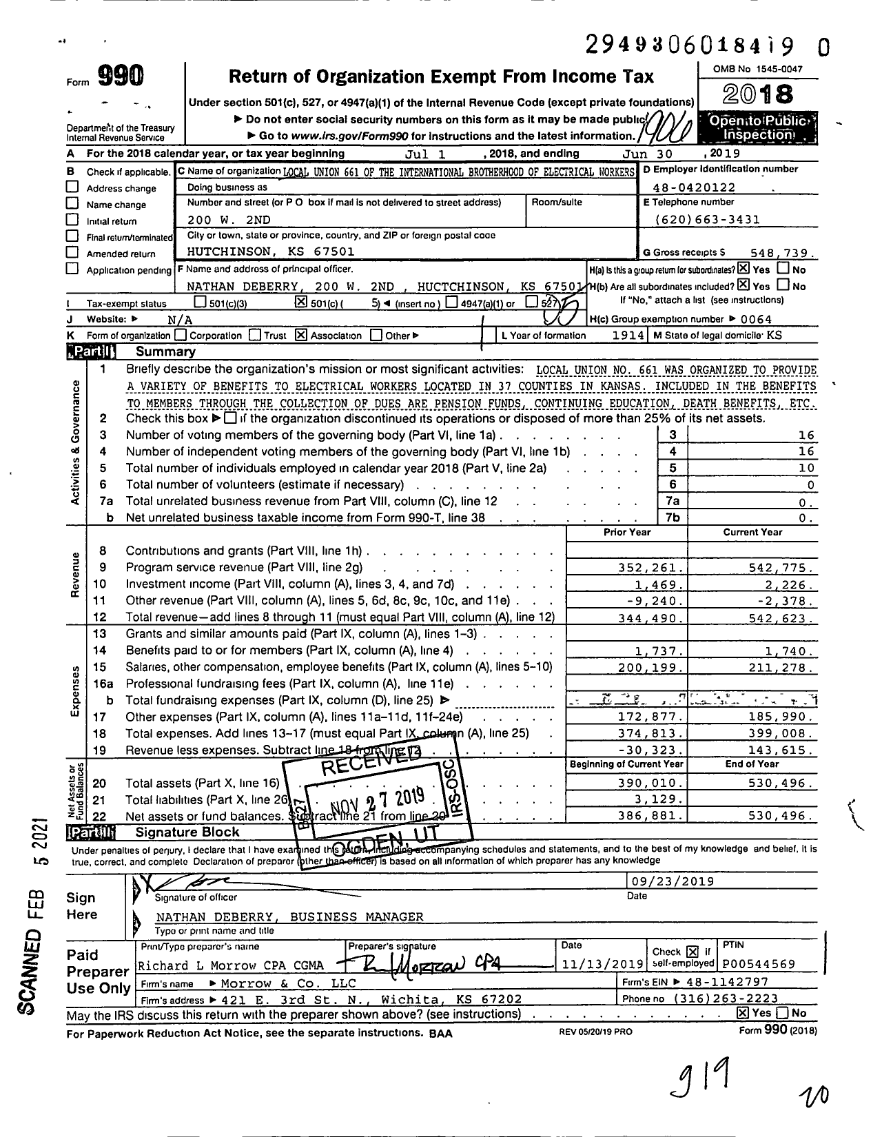 Image of first page of 2018 Form 990O for International Brotherhood of Electrical Workers - IBEW Local 661