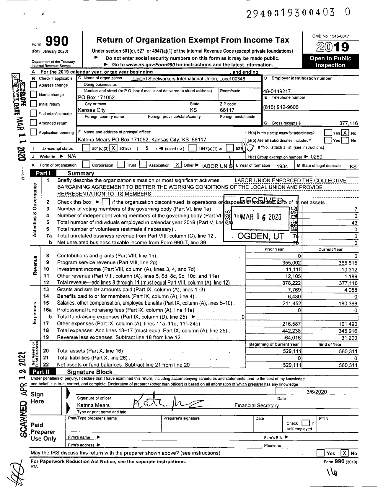 Image of first page of 2019 Form 990O for United Steelworkers - 00348 Local