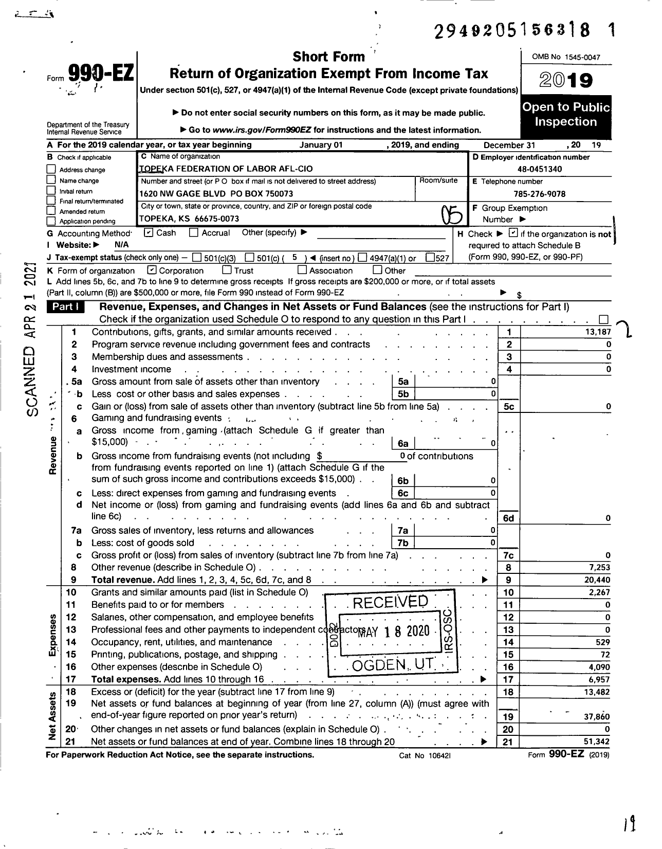 Image of first page of 2019 Form 990EO for AFL-CIO - Topeka Federation of Labor