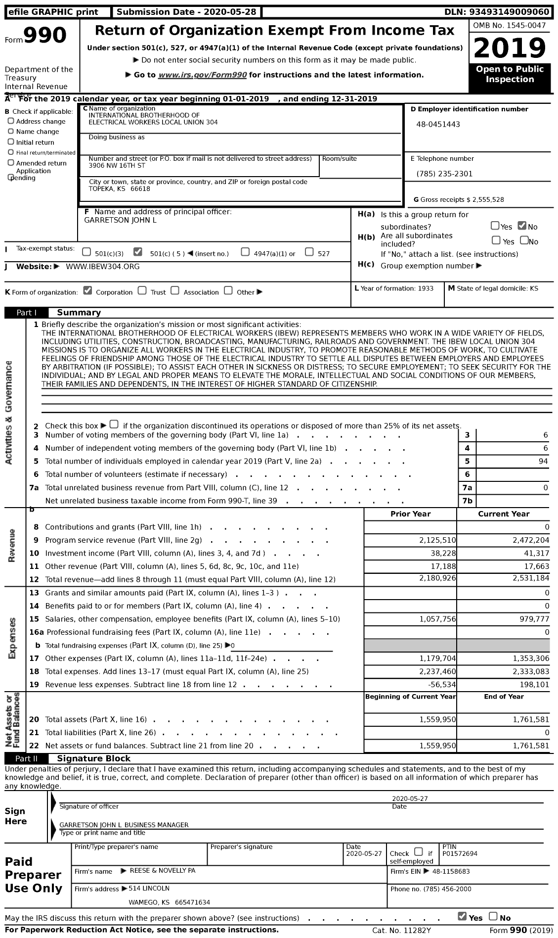 Image of first page of 2019 Form 990 for International Brotherhood of Electrical Workers - 0304 Local Union