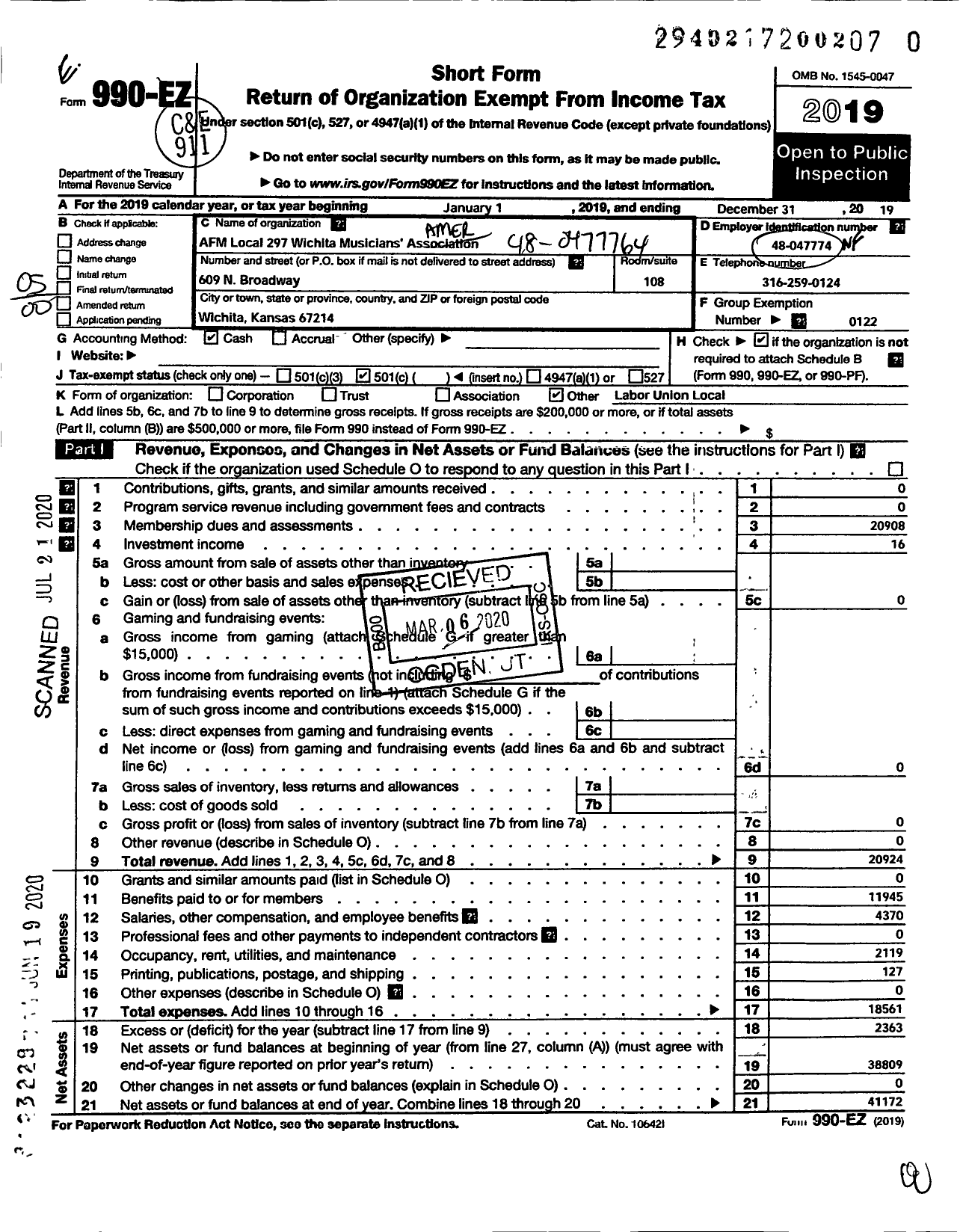 Image of first page of 2019 Form 990EO for American Federation of Musicians - 297 Local Wichita