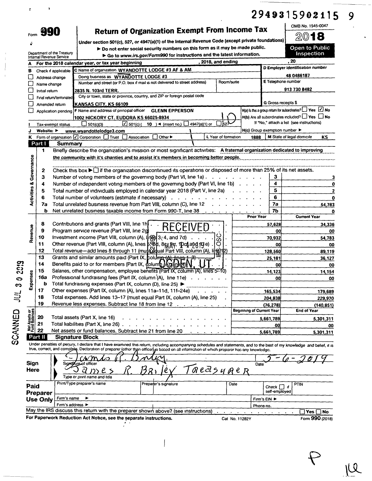 Image of first page of 2018 Form 990O for Ancient Free and Accepted Masons of Kansas - 3 Wyandotte