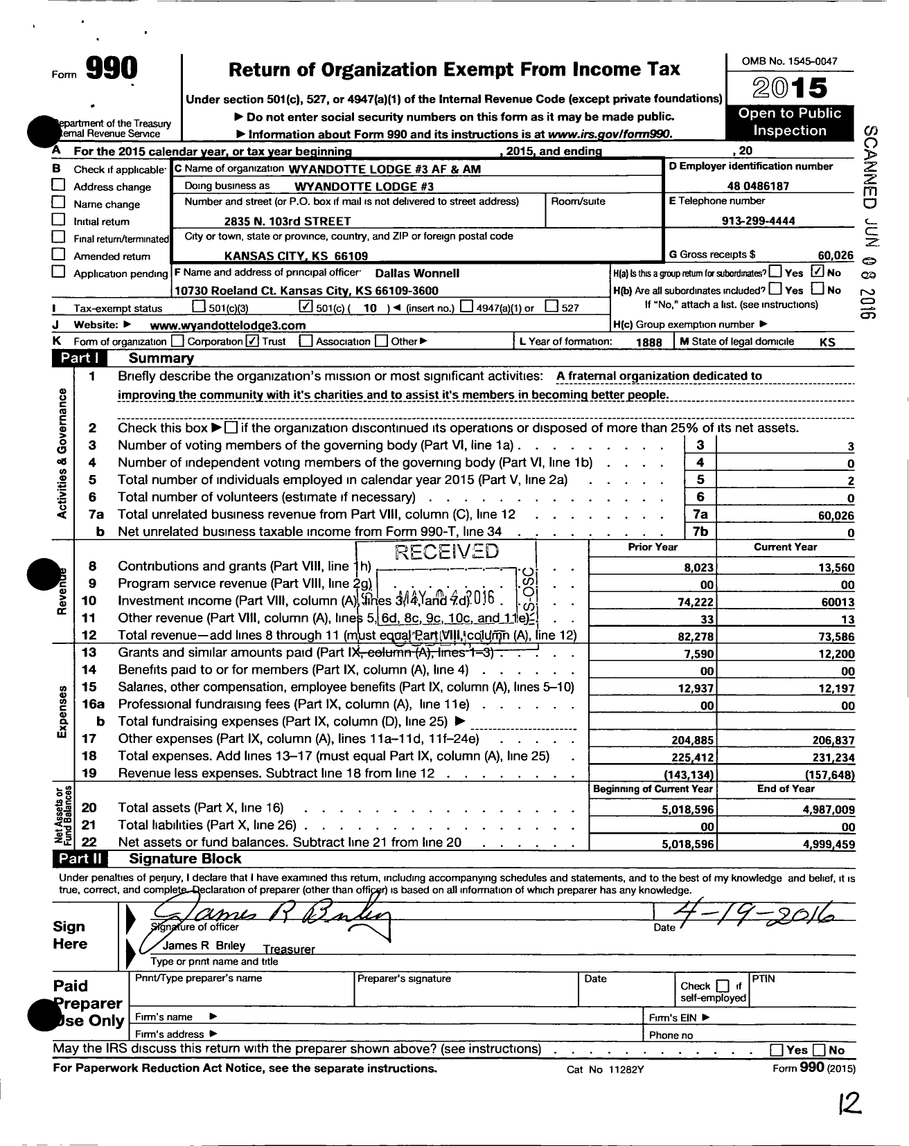 Image of first page of 2015 Form 990O for Ancient Free and Accepted Masons of Kansas - 3 Wyandotte