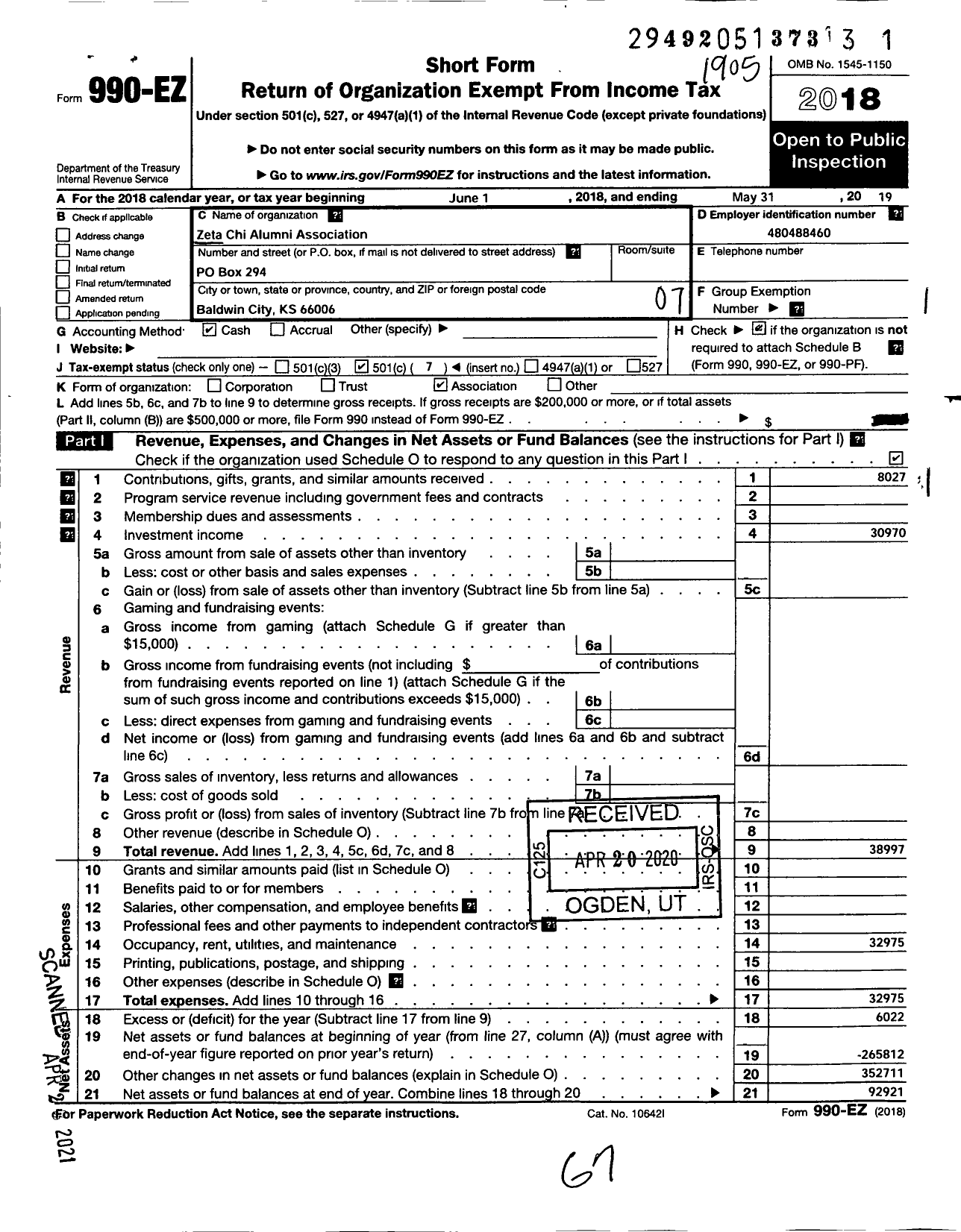 Image of first page of 2018 Form 990EO for Zeta Chi Alumni Association