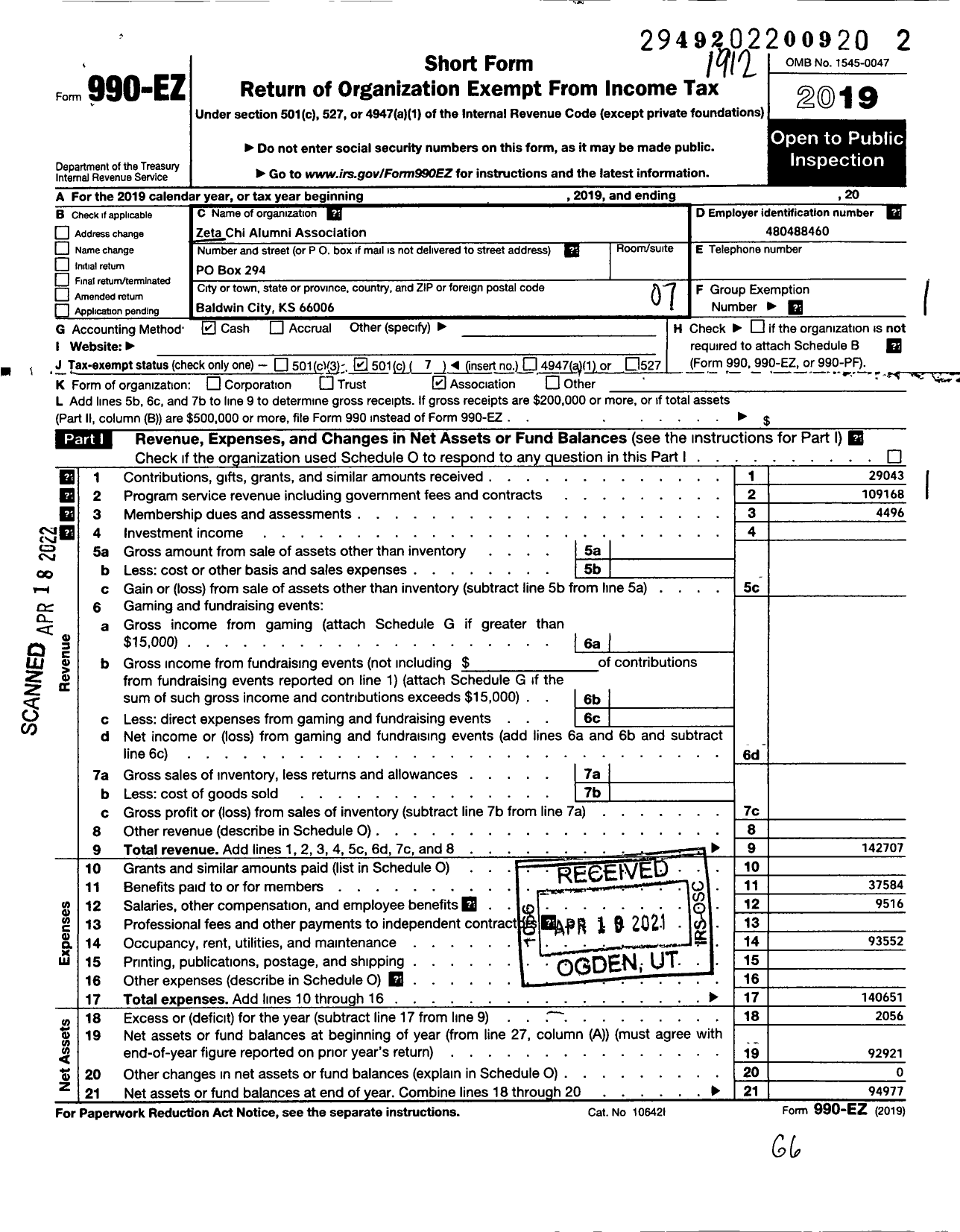 Image of first page of 2019 Form 990EO for Zeta Chi Alumni Association