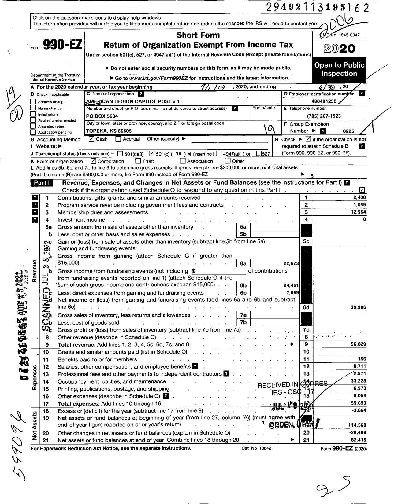 Image of first page of 2019 Form 990EO for American Legion - 1 Capitol