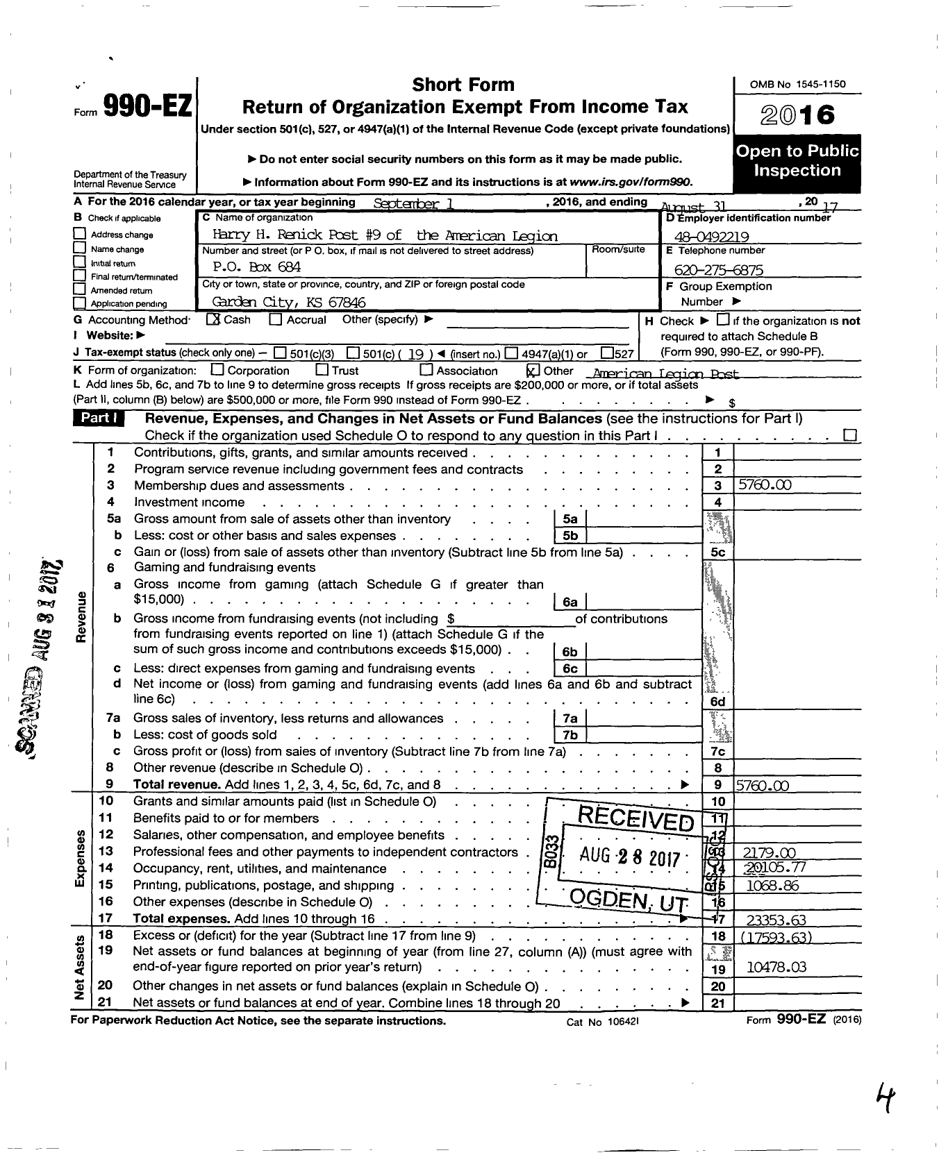 Image of first page of 2016 Form 990EO for American Legion / 9 Harry H Renick