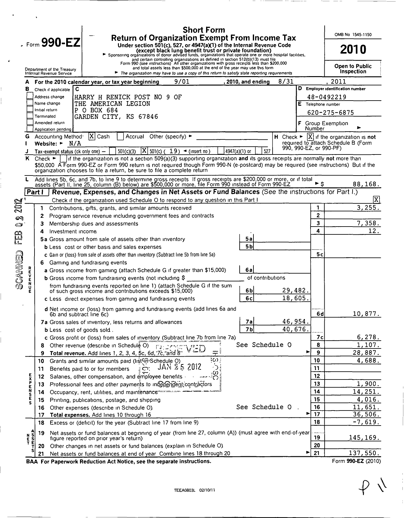 Image of first page of 2010 Form 990EO for American Legion / 9 Harry H Renick