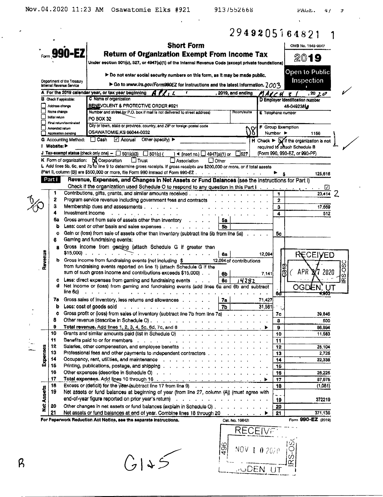 Image of first page of 2019 Form 990EO for Benevolent and Protective Order of Elks - 921 Osawatomie