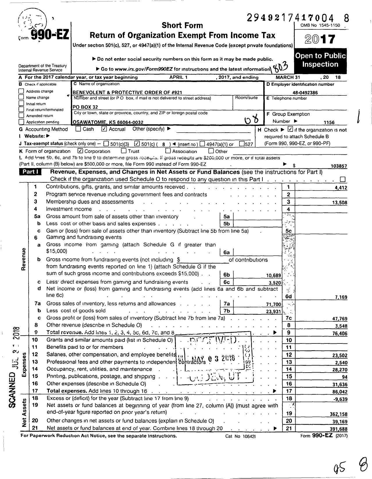 Image of first page of 2017 Form 990EO for Benevolent and Protective Order of Elks - 921 Osawatomie